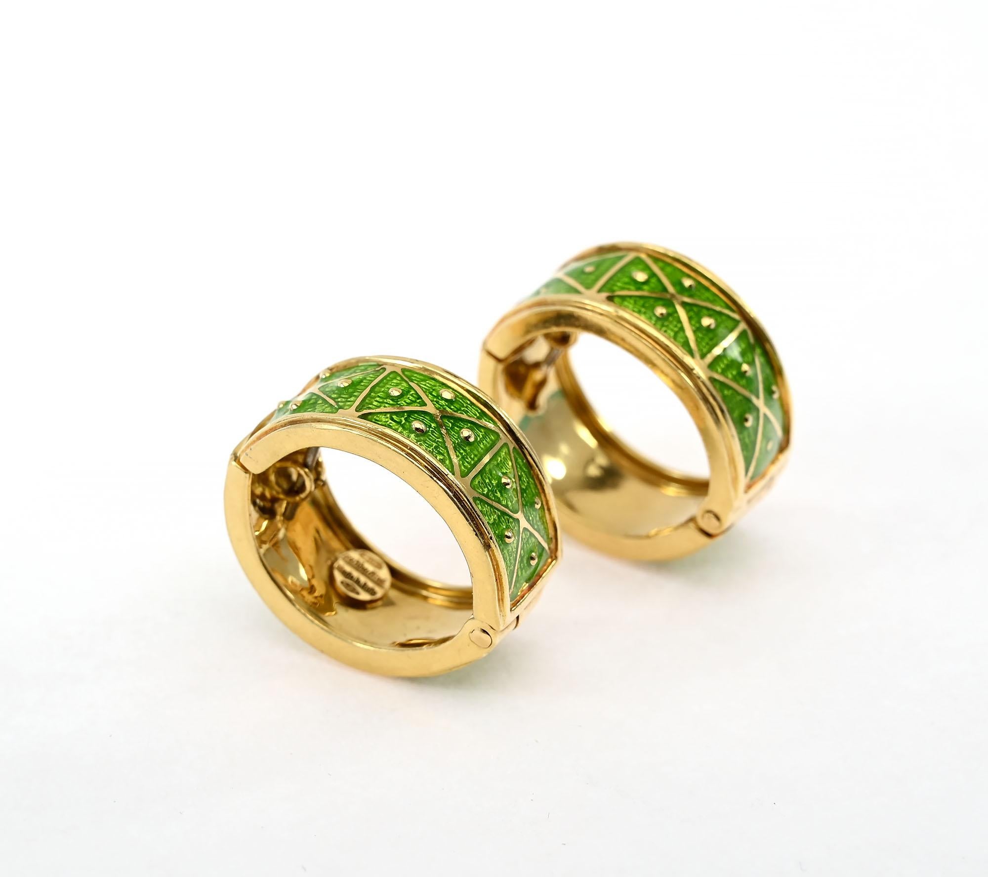 Chic and casual gold and enamel hoop earrings by Sabbadini. X's and dots of gold are repeated in six panels. They measure 7/8