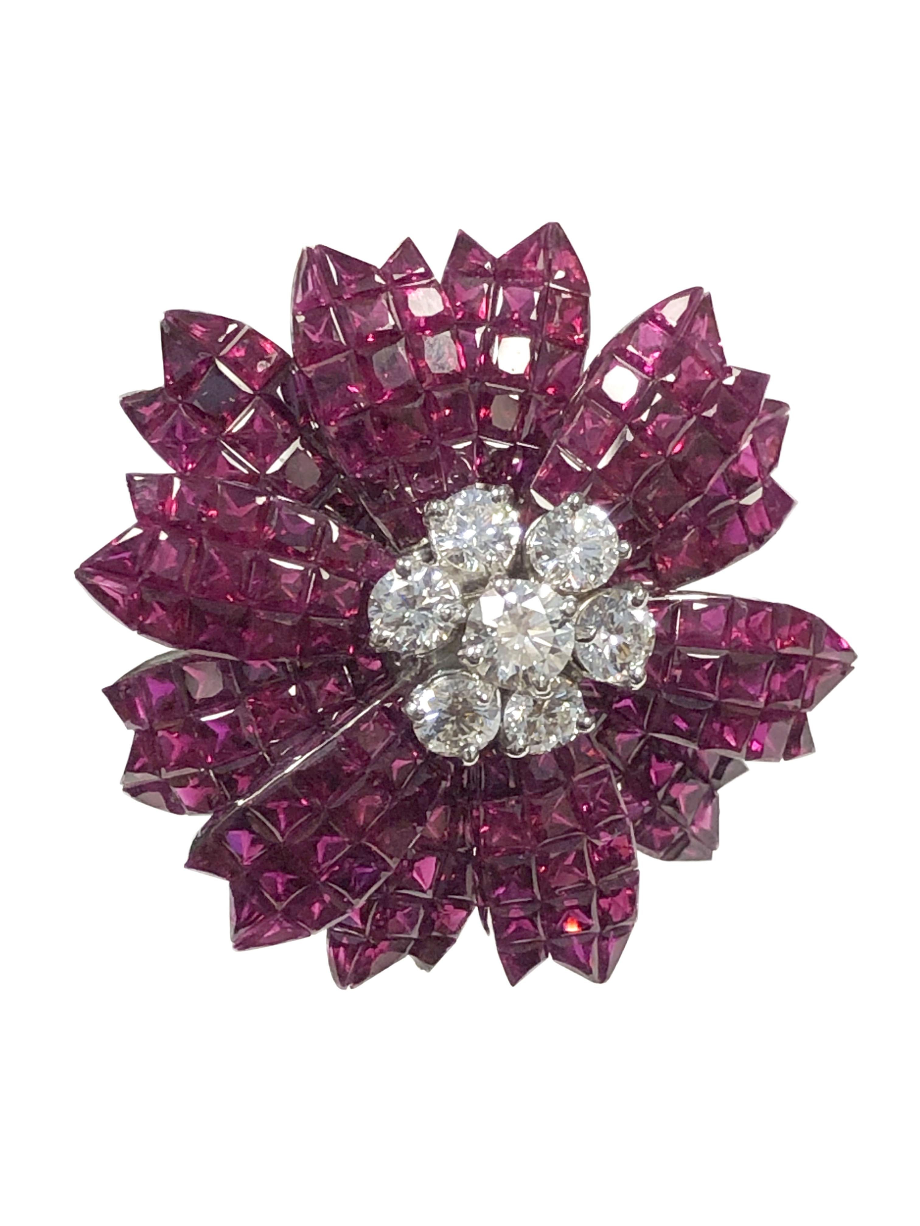 Sabbadini Invisible set Gold Ruby and Diamond Flower Brooch at 1stDibs ...