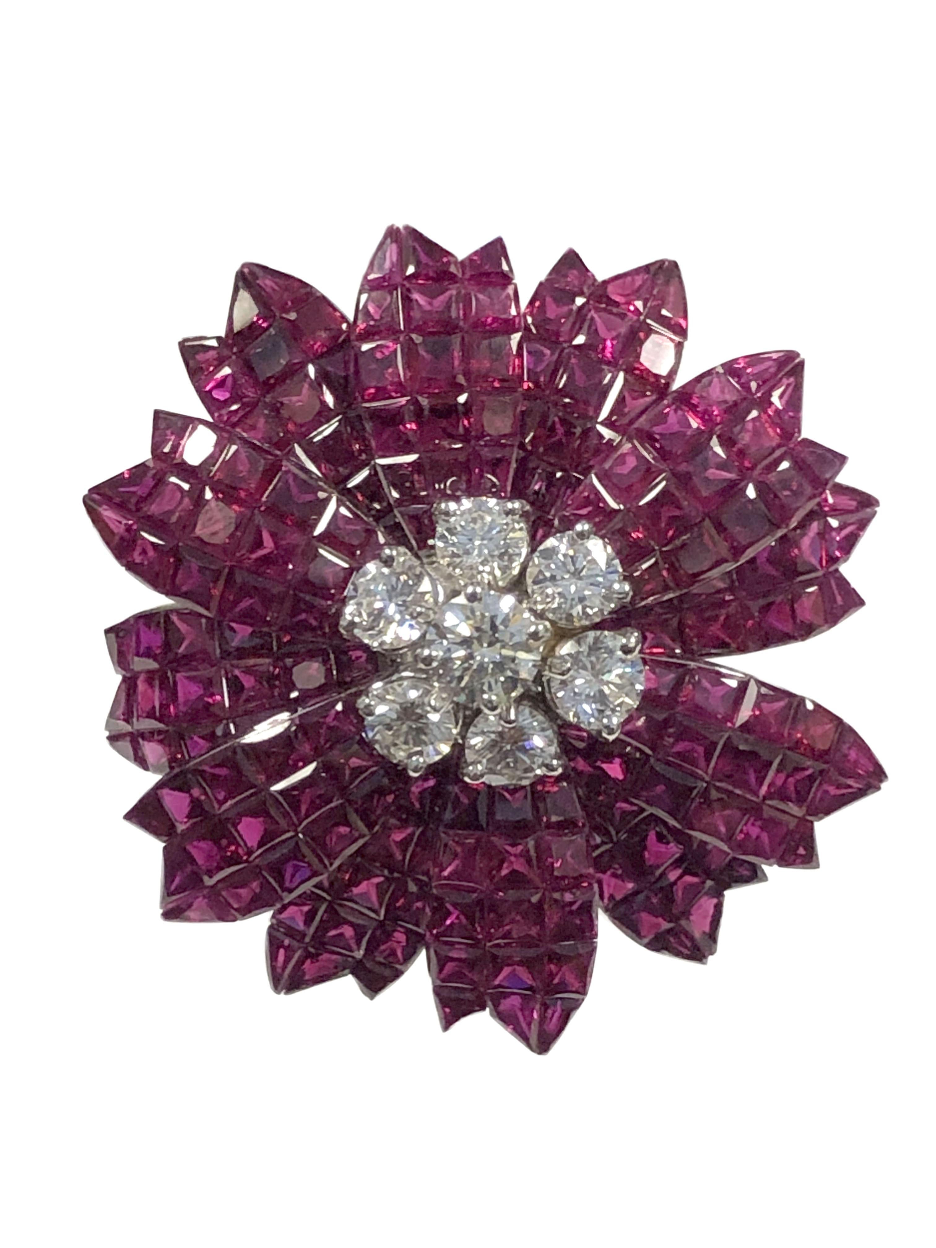 Round Cut Sabbadini Invisible set Gold Ruby and Diamond Flower Brooch