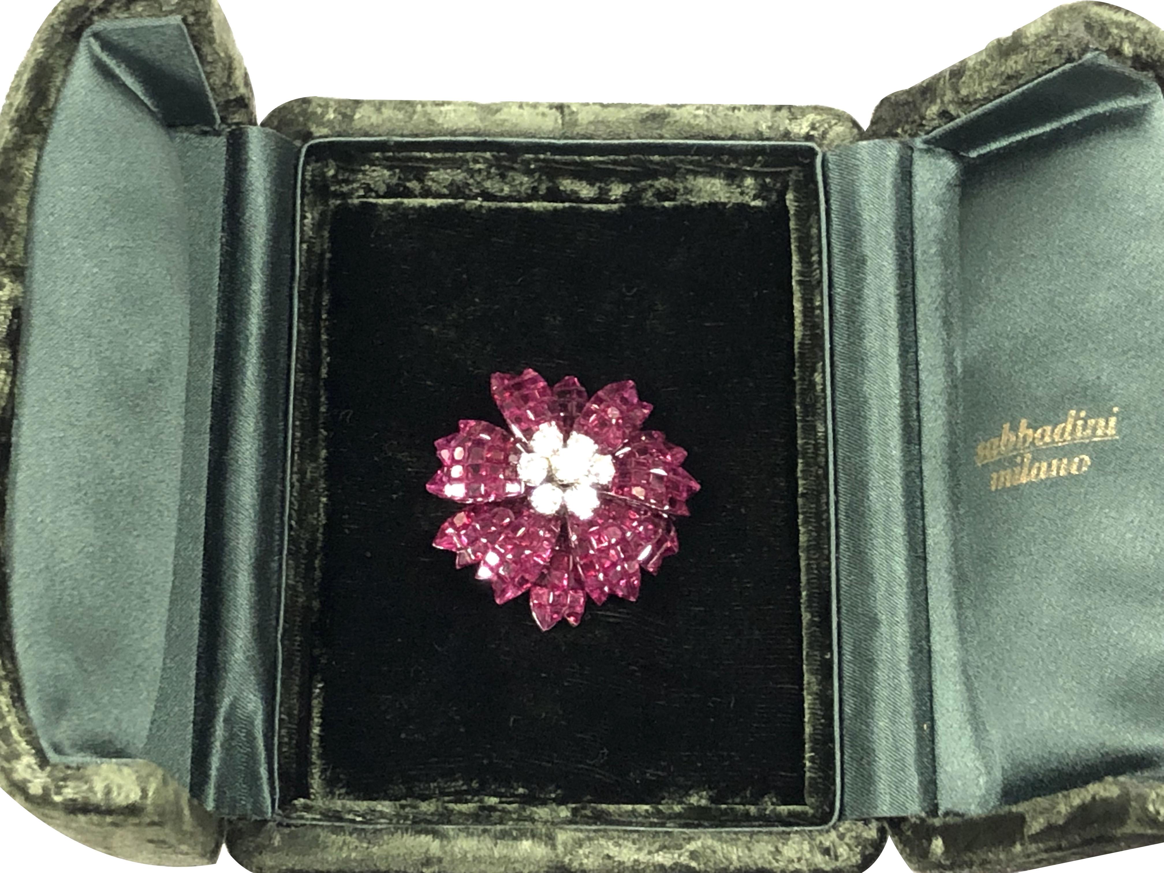 Sabbadini Invisible set Gold Ruby and Diamond Flower Brooch 2