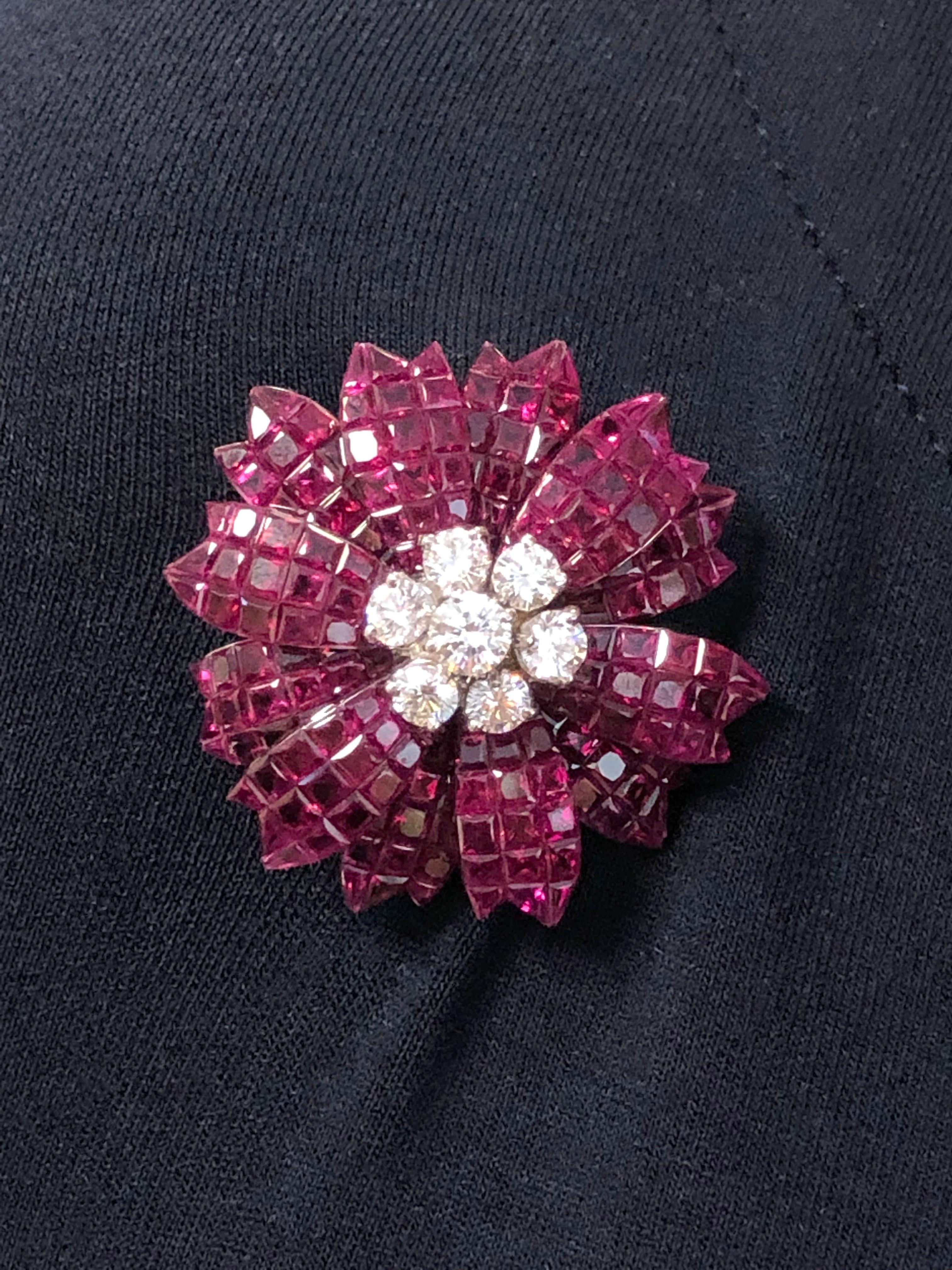 Sabbadini Invisible set Gold Ruby and Diamond Flower Brooch at 1stDibs ...