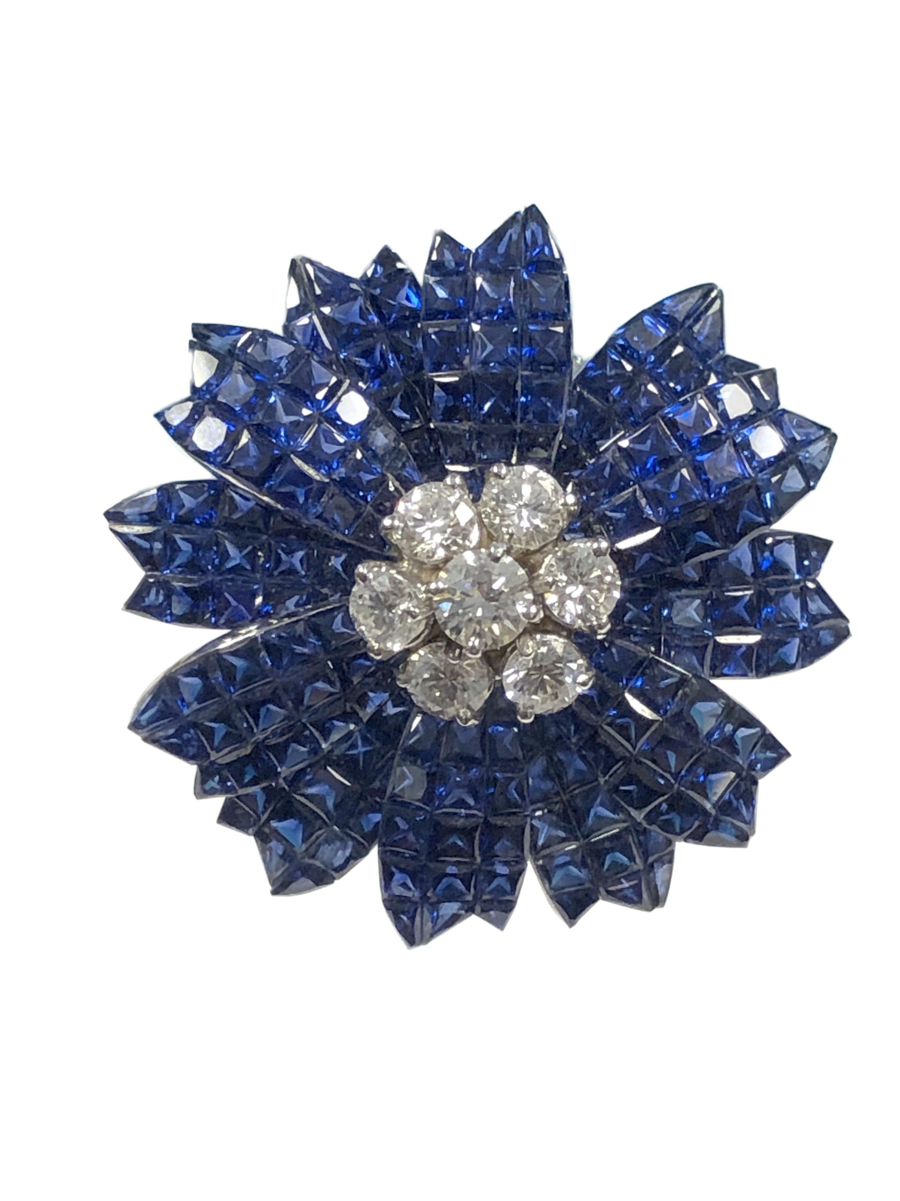 Women's or Men's Sabbadini Invisible Set Gold Sapphire and Diamond Flower Brooch