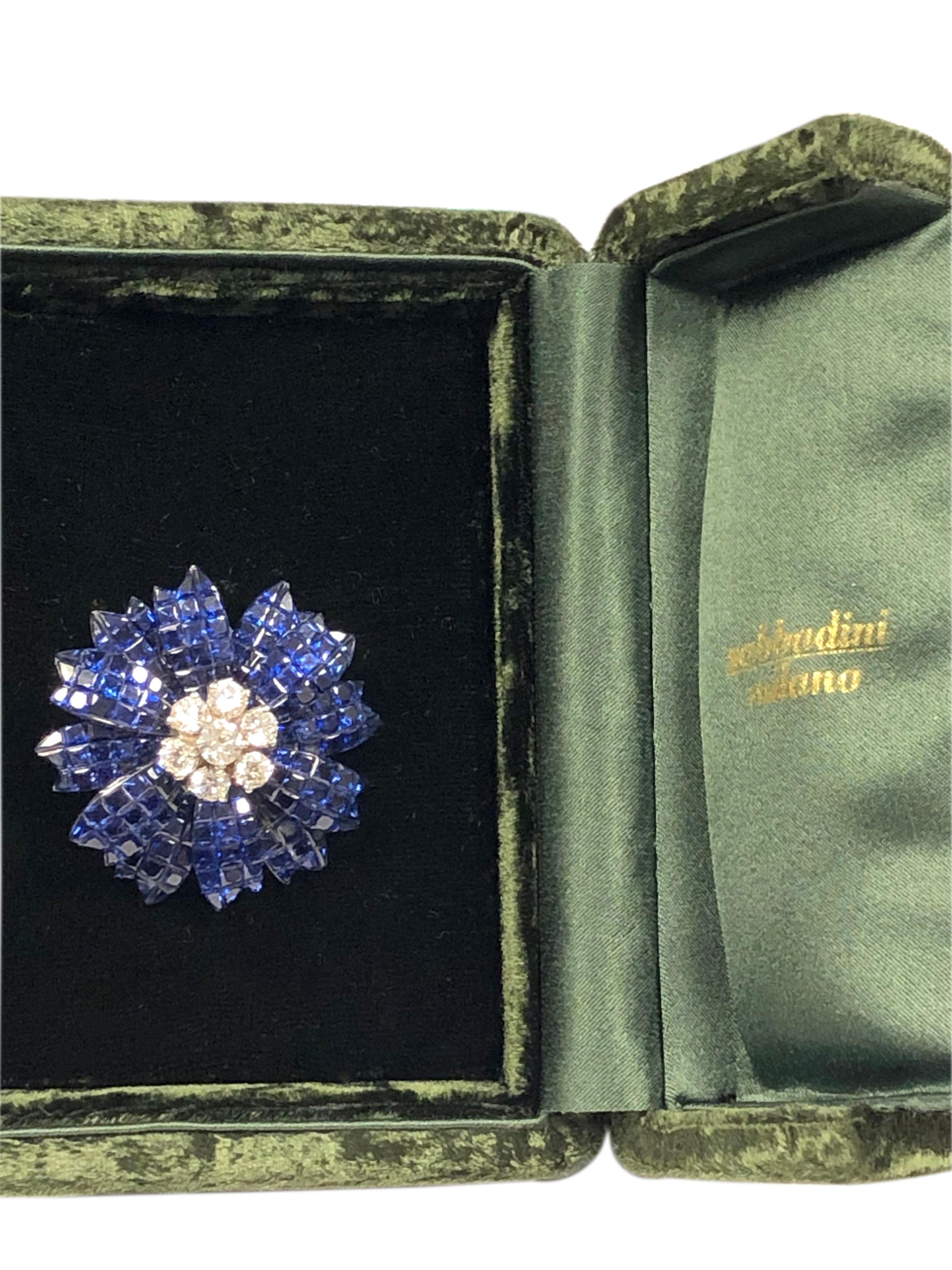 Sabbadini Invisible Set Gold Sapphire and Diamond Flower Brooch 2