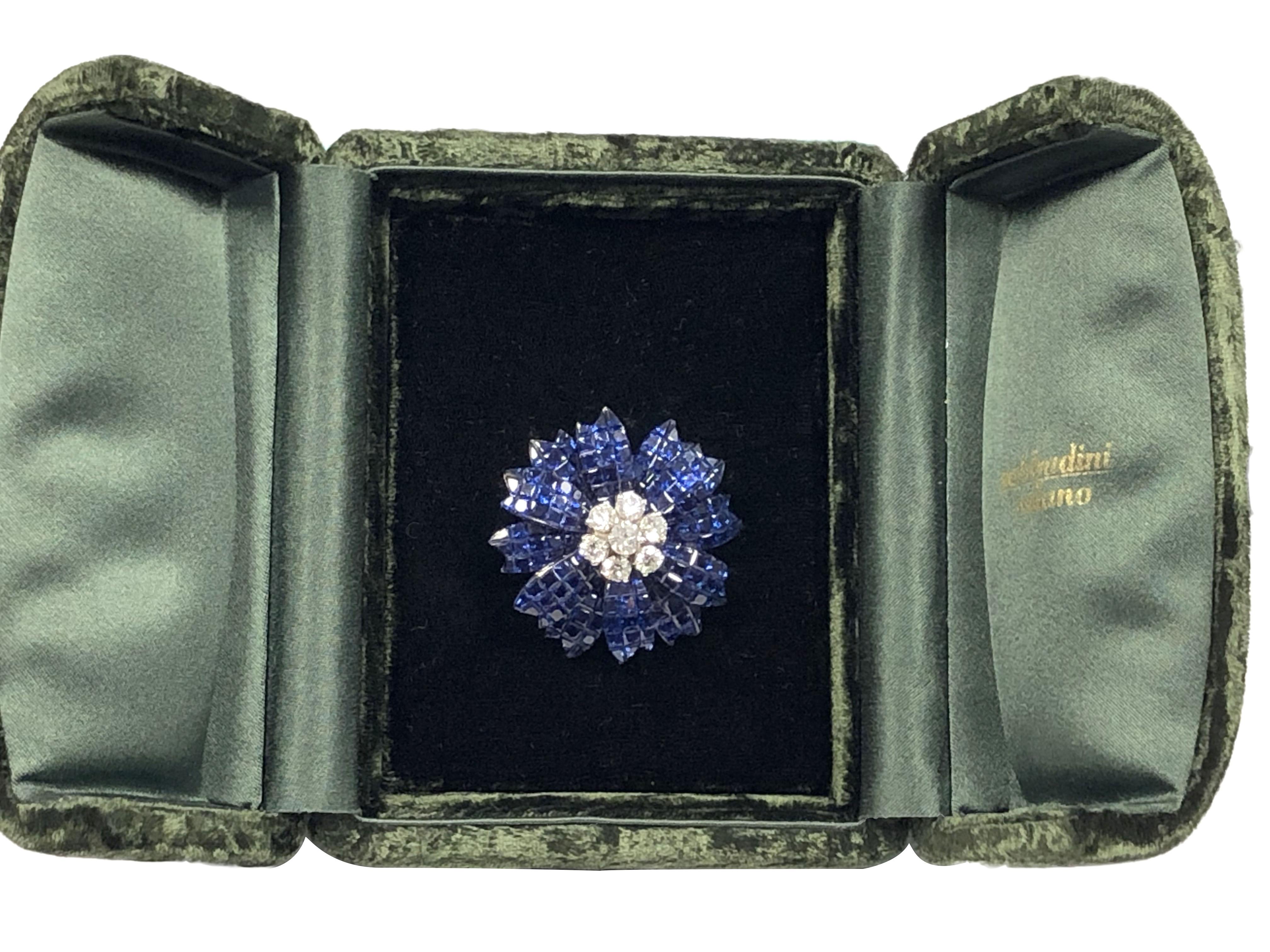 Sabbadini Invisible Set Gold Sapphire and Diamond Flower Brooch 3