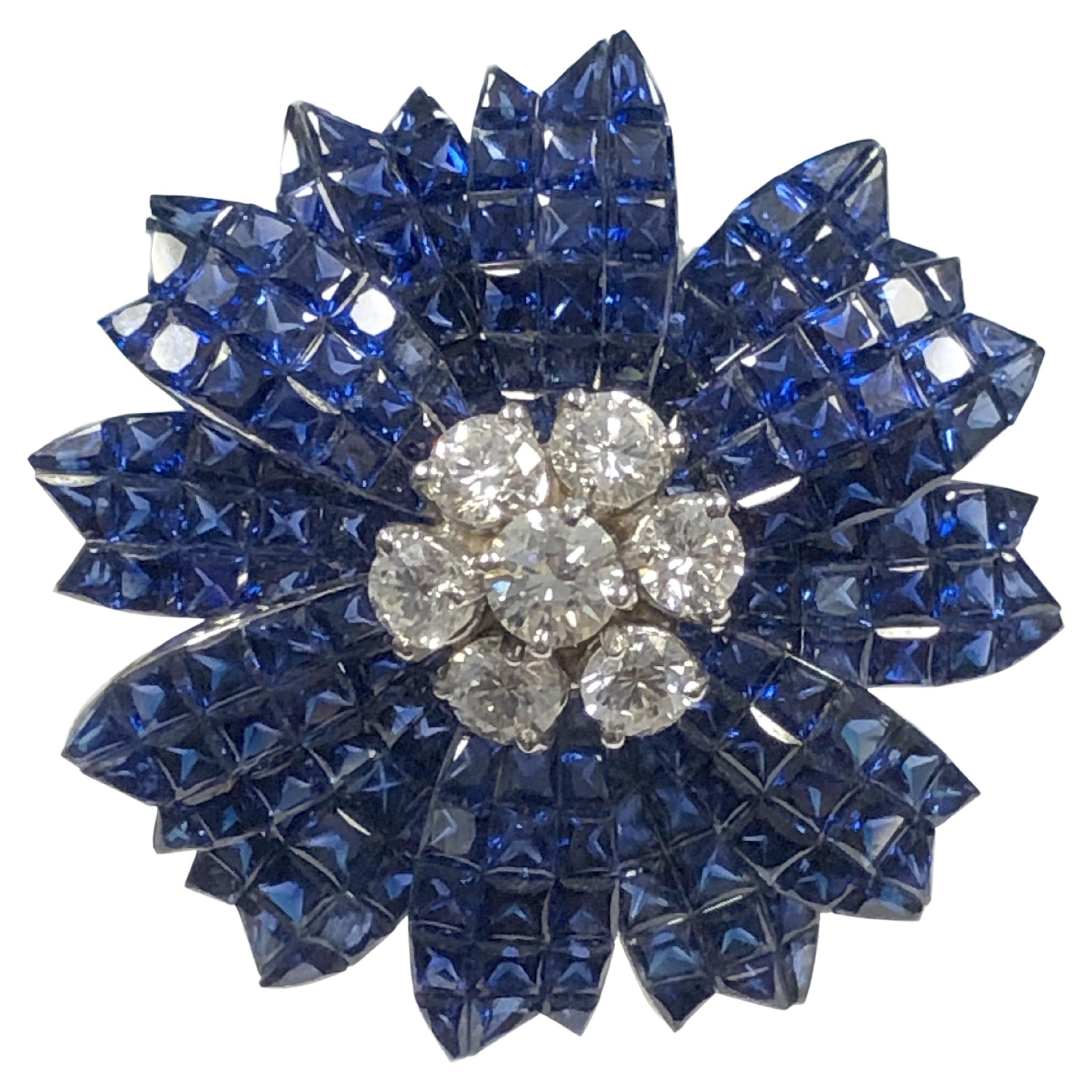 Sabbadini Invisible Set Gold Sapphire and Diamond Flower Brooch