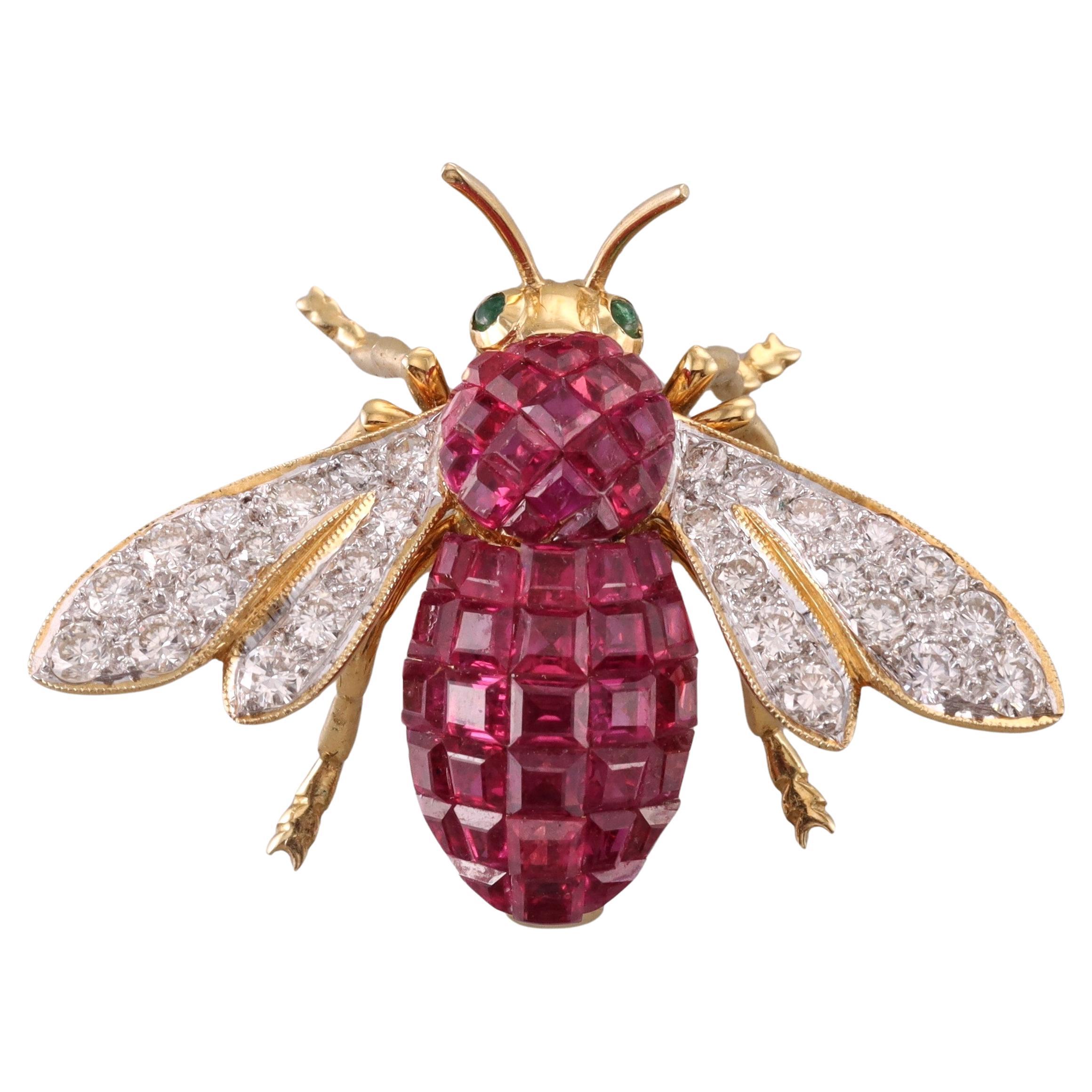 Sabbadini Invisible Set Ruby Diamond Emerald Gold Bee Brooch 