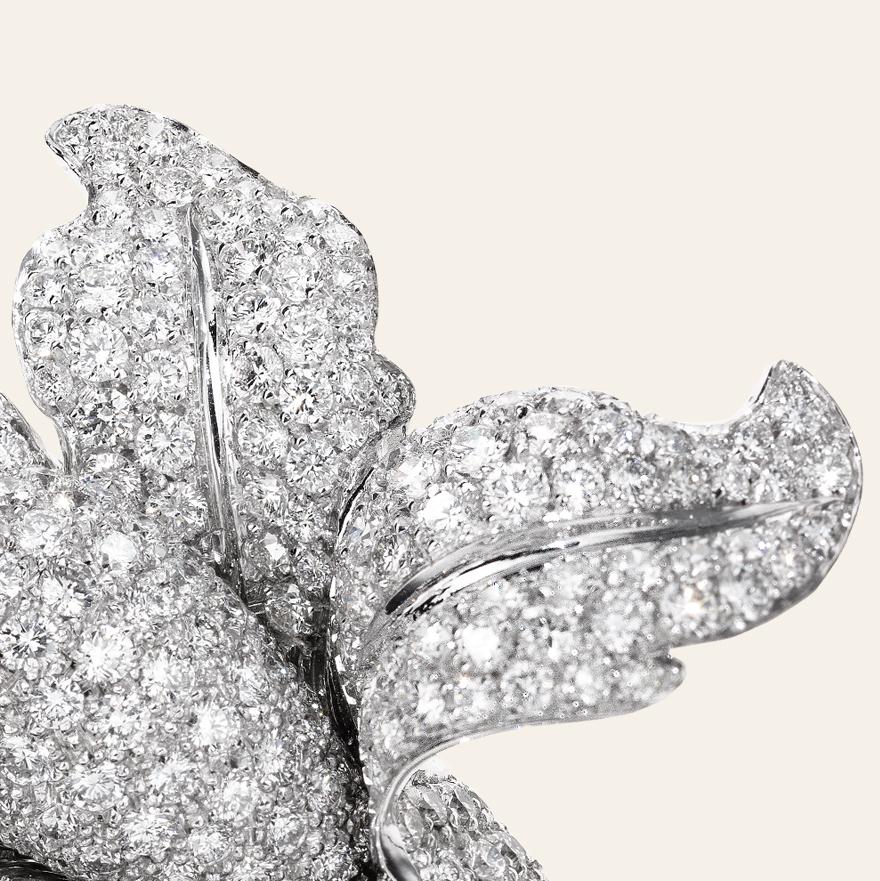 Baguette Cut Sabbadini Jewelry Diamond and Platinum Flower Brooch For Sale