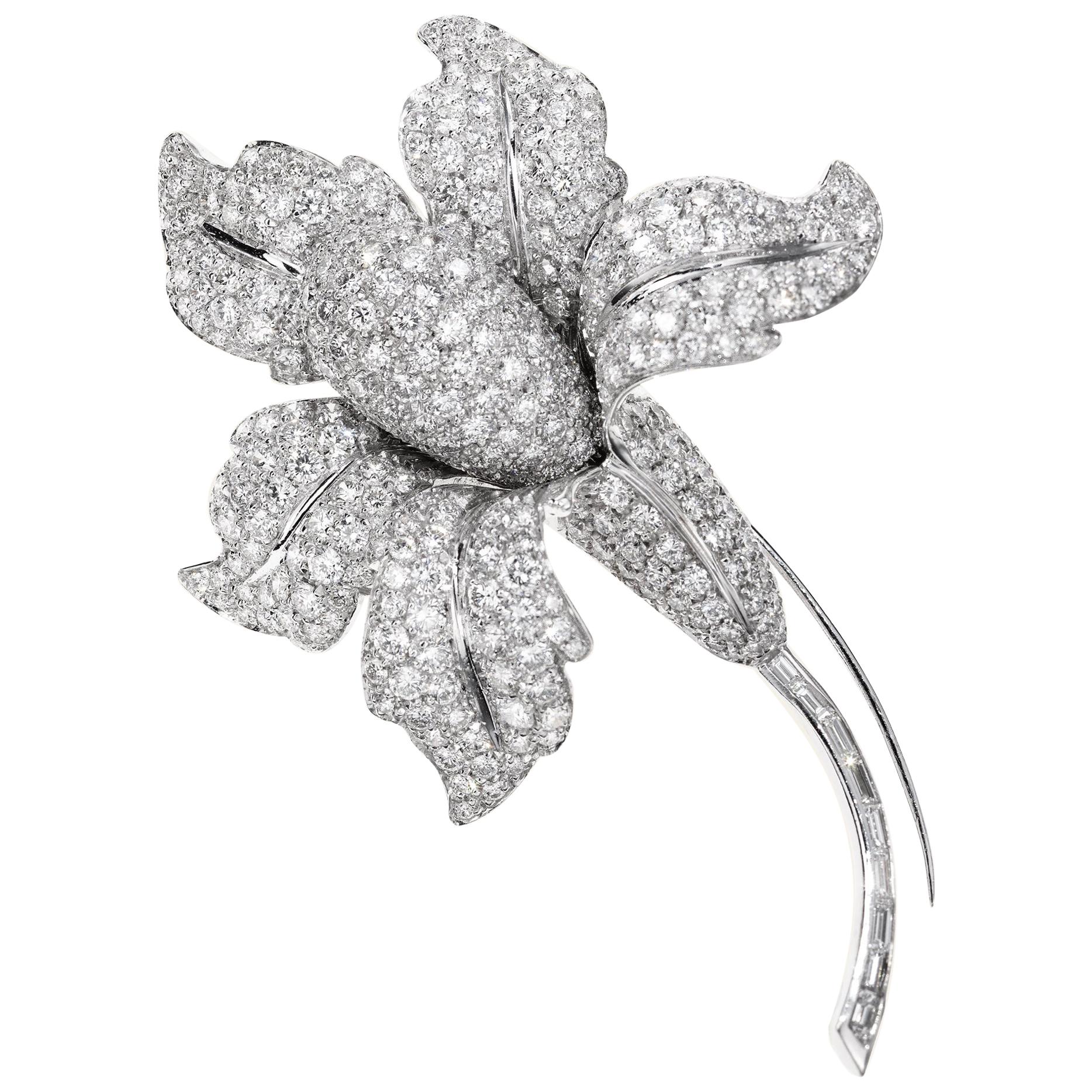 Sabbadini Jewelry Diamond and Platinum Flower Brooch For Sale