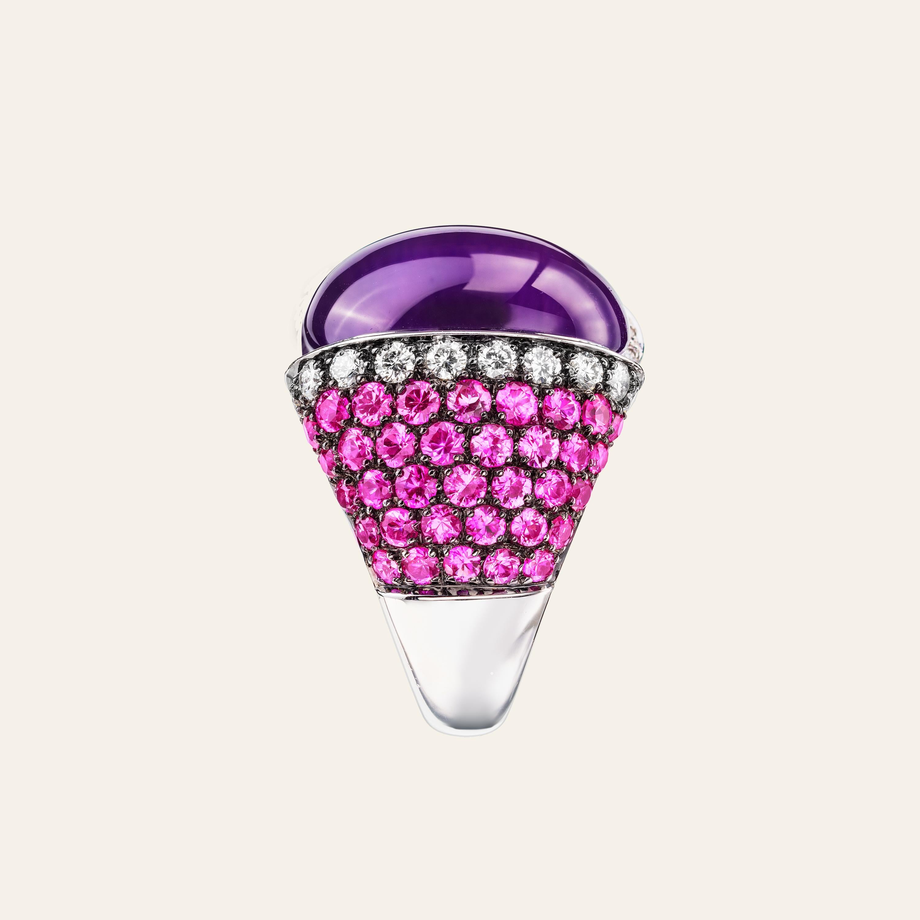 Sabbadini Pink And Purple Amethyst Cocktail Ring 
Black rhodium treated 18k white gold ring, oval cut cabochon amethyst, round cut diamonds 0,82 carats and round cut pink sapphires 3,38 carats. 
Gold 12,43grams
Hand made jewelry & designed in Milan,