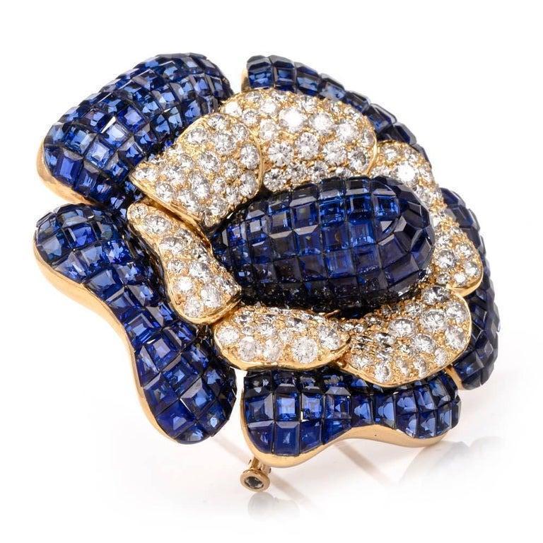 Square Cut Sabbadini Large Mystery Set Sapphire Diamond Flower Brooch Pin For Sale