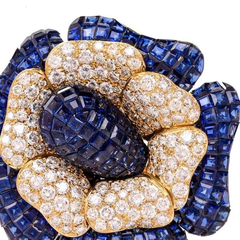Women's Sabbadini Large Mystery Set Sapphire Diamond Flower Brooch Pin For Sale
