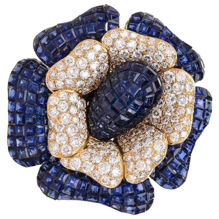 Sabbadini Large Mystery Set Sapphire Diamond Flower Brooch Pin For Sale