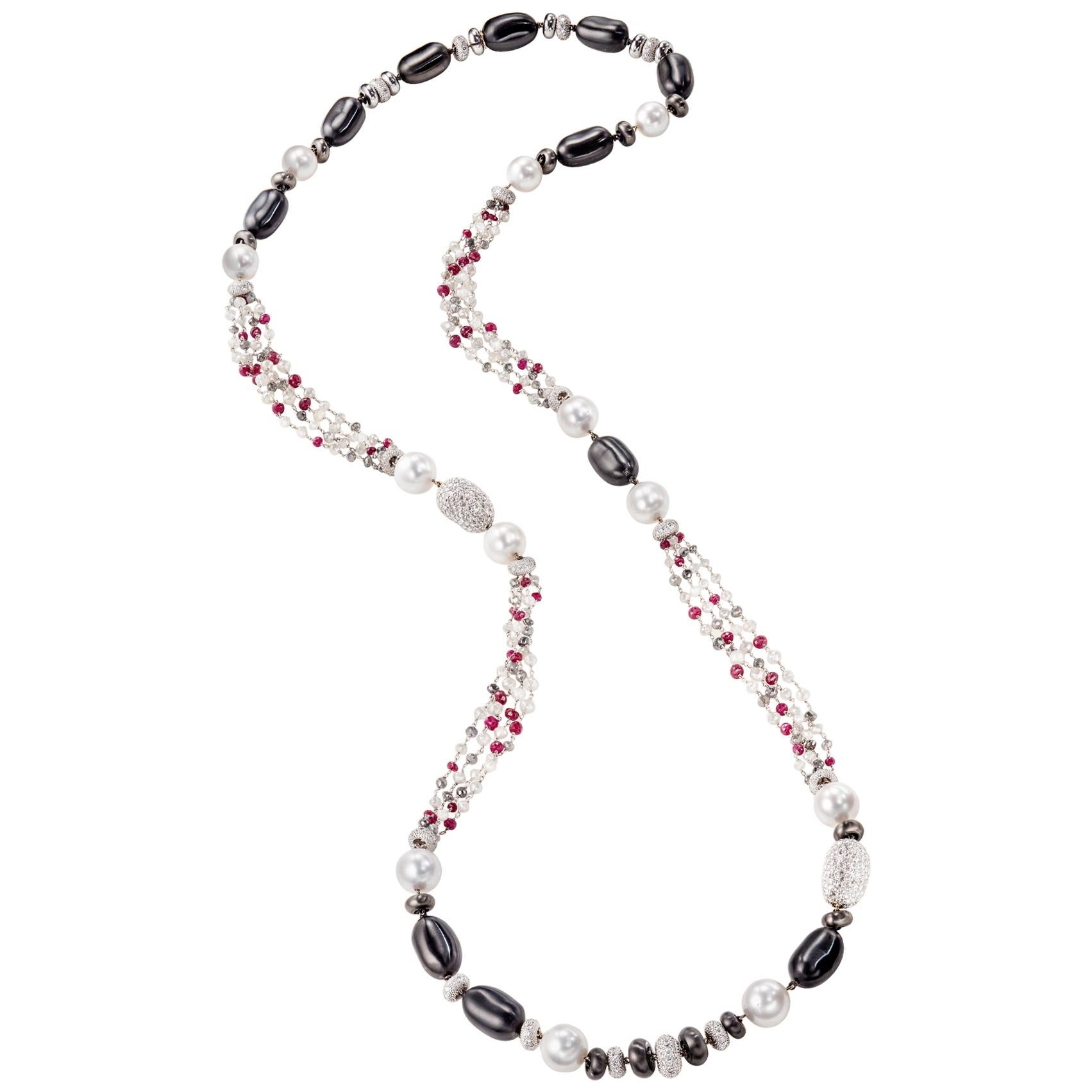 Sabbadini Long Necklace with Pearls, Diamonds and Rubies For Sale