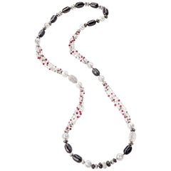 Sabbadini Long Necklace with Pearls, Diamonds and Rubies