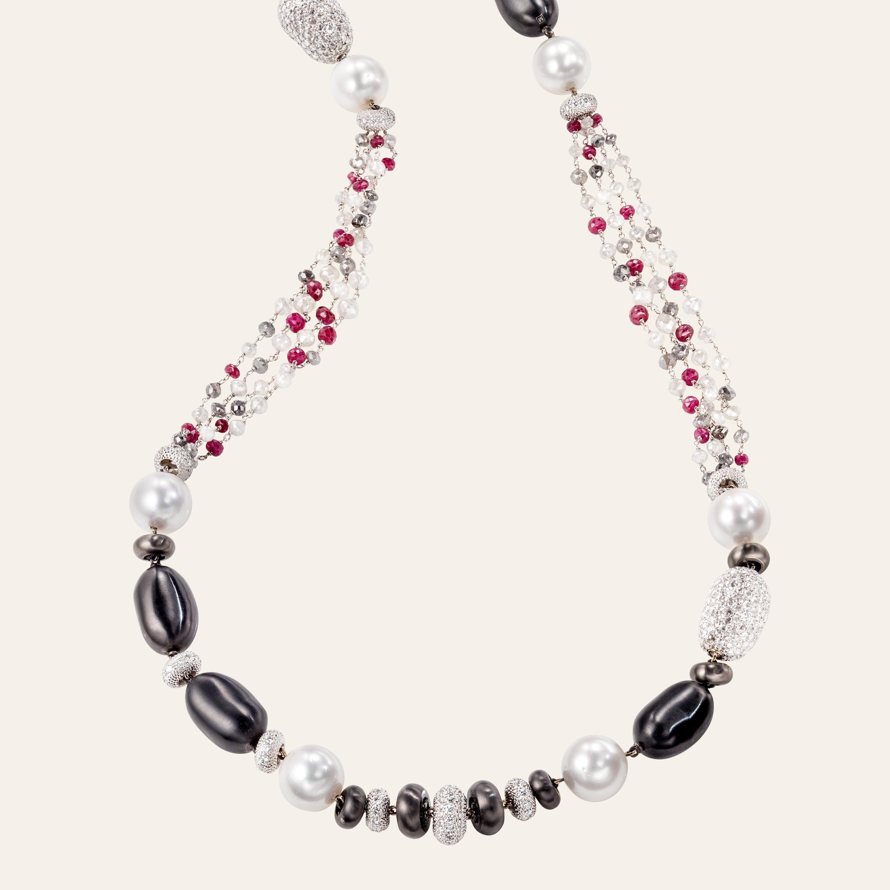 Art Deco Sabbadini Long Necklace with Pearls, Diamonds and Rubies For Sale
