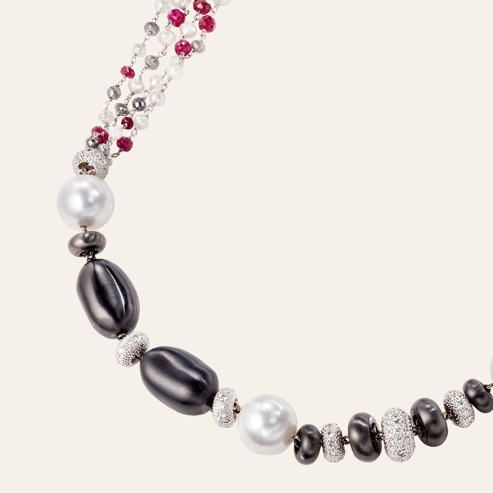 Briolette Cut Sabbadini Long Necklace with Pearls, Diamonds and Rubies For Sale