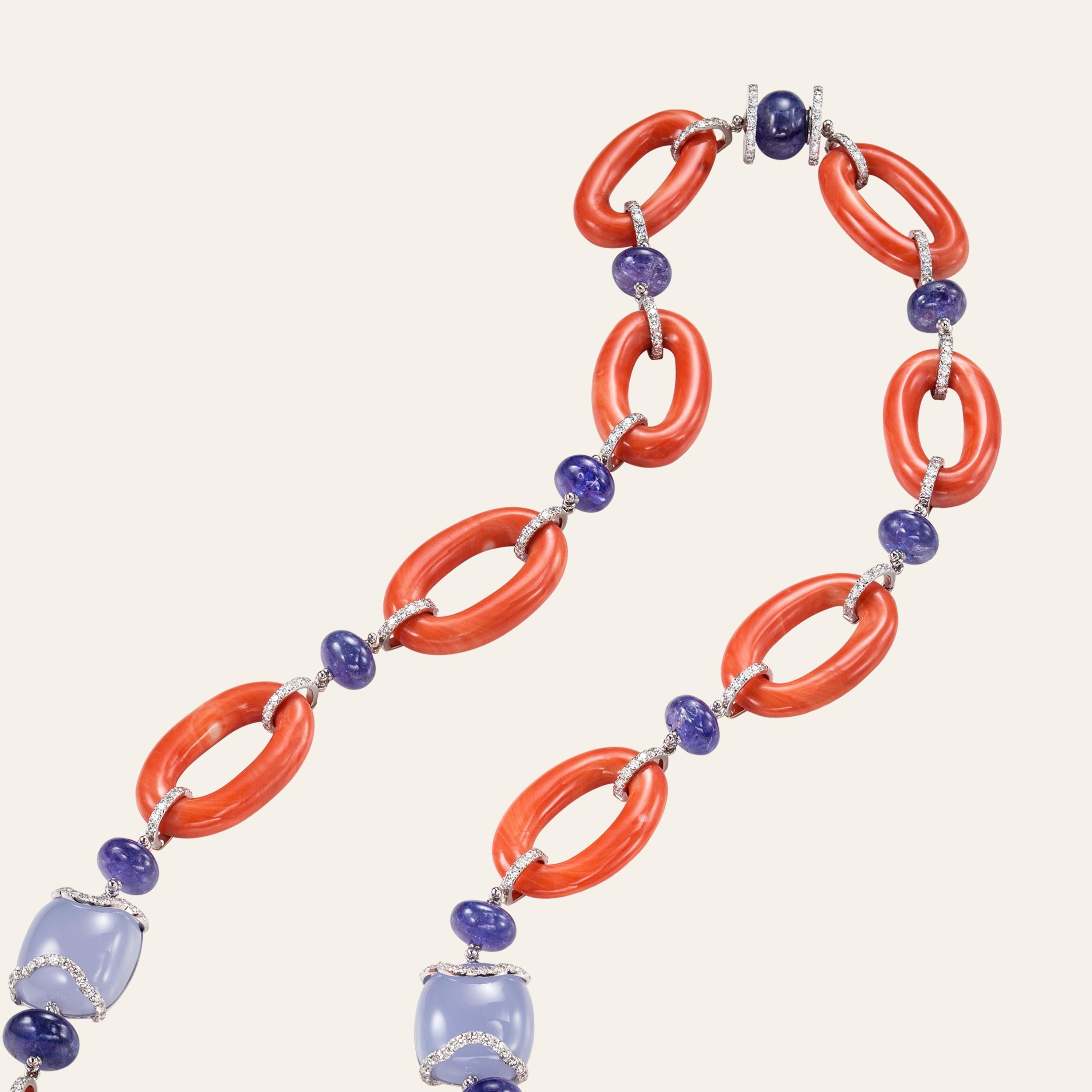 Sabbadini Long White Gold Necklace, Coral, Chalcedony, Tanzanite and Diamonds In New Condition For Sale In Milan, IT