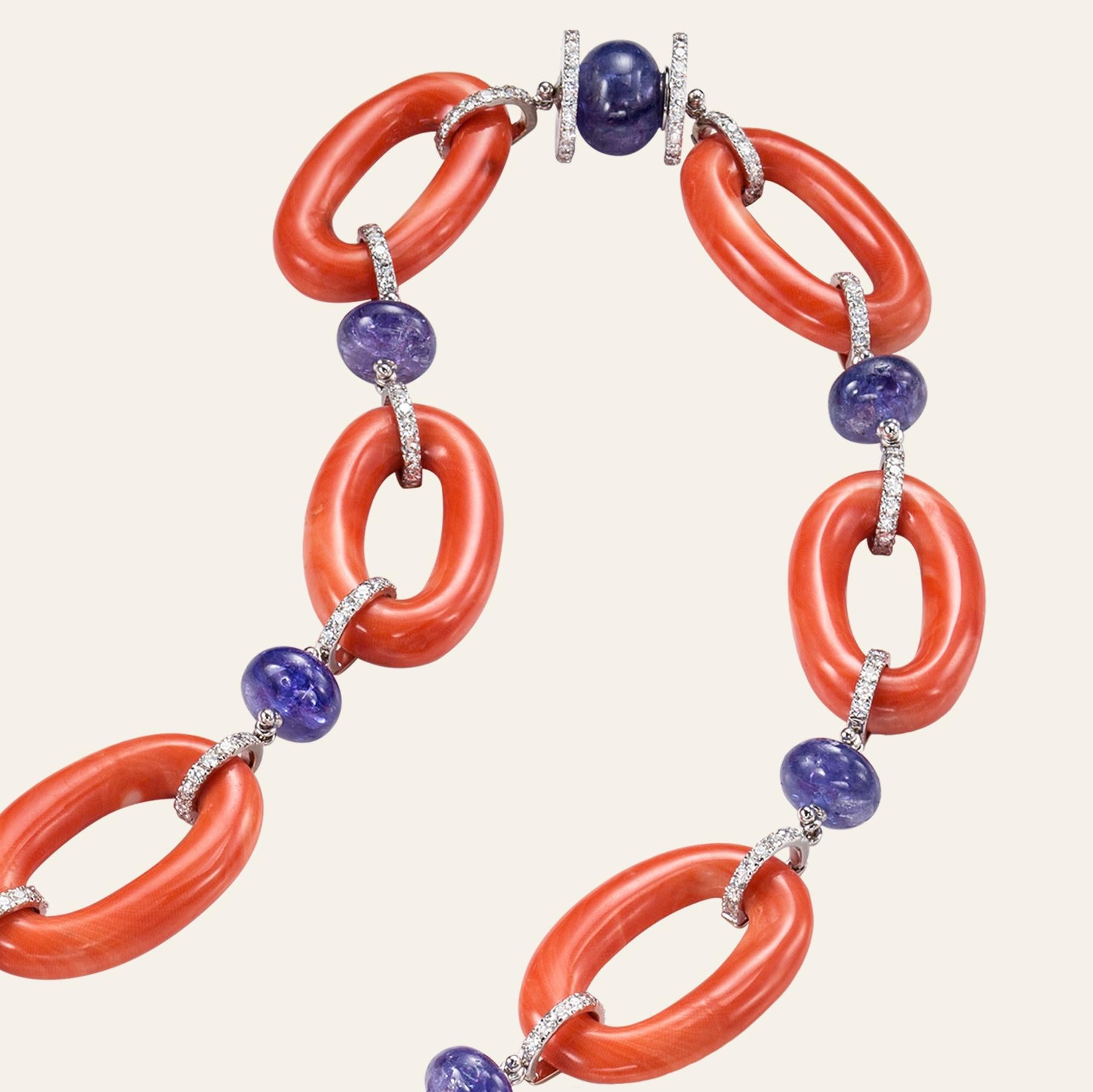 Women's Sabbadini Long White Gold Necklace, Coral, Chalcedony, Tanzanite and Diamonds For Sale