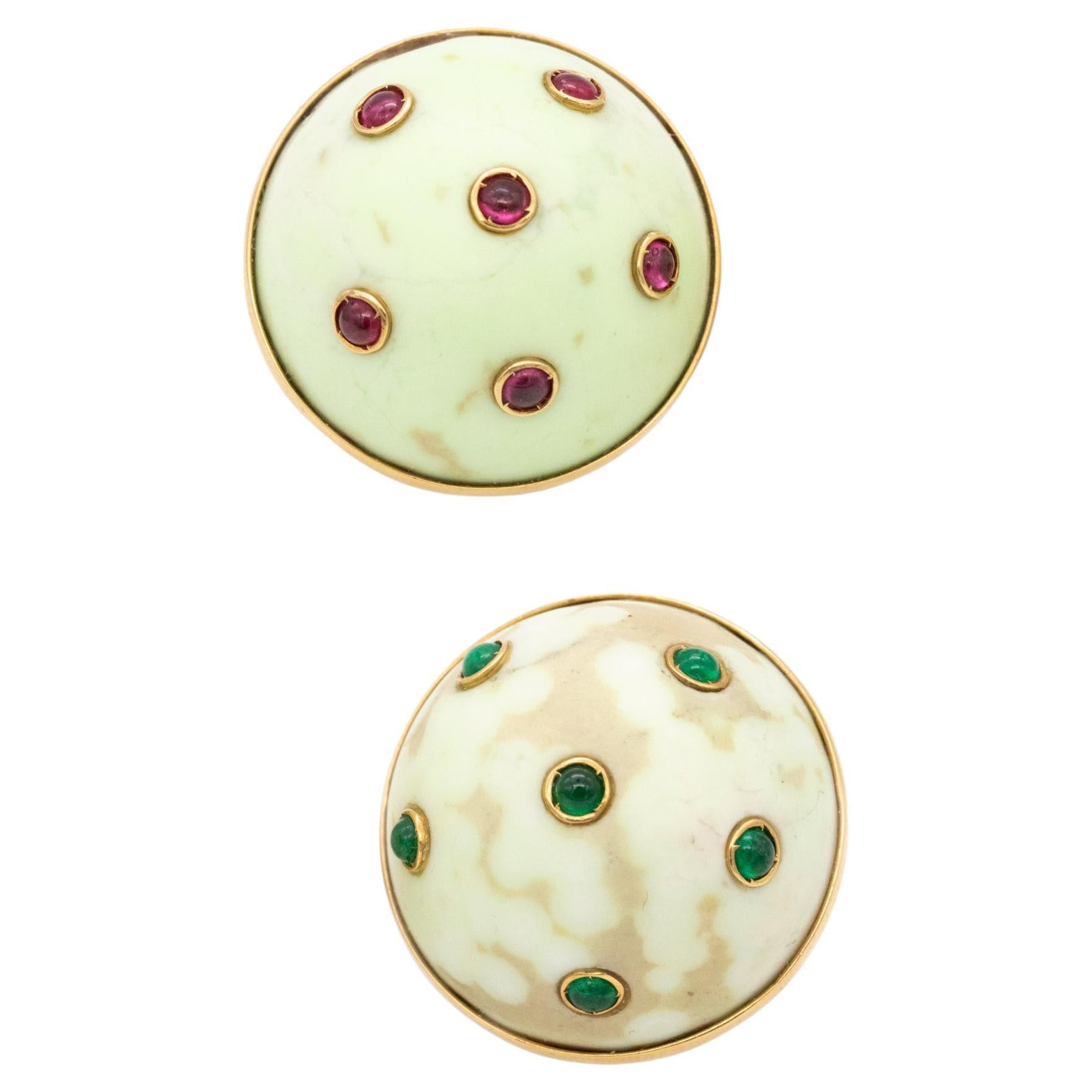 Sabbadini Milano Agate Earrings 18Kt Yellow Gold With 1.06 Cts Emeralds Rubies