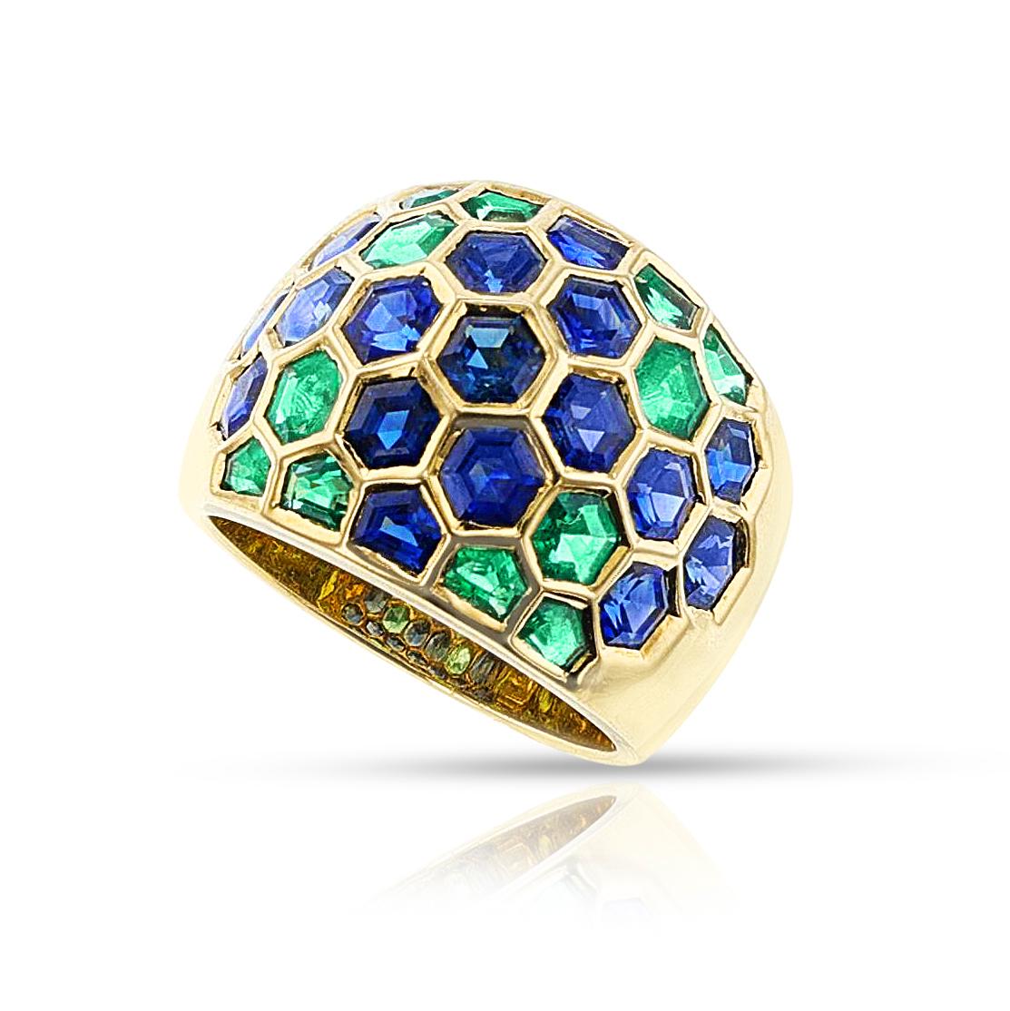 Sabbadini Milano Anillo Bomba Hexagonal de Esmeralda y Zafiro, 18k Corte hexagonal en venta