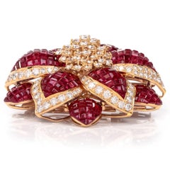 Sabbadini Mystery Set Ruby Diamond Flower Brooch Pin