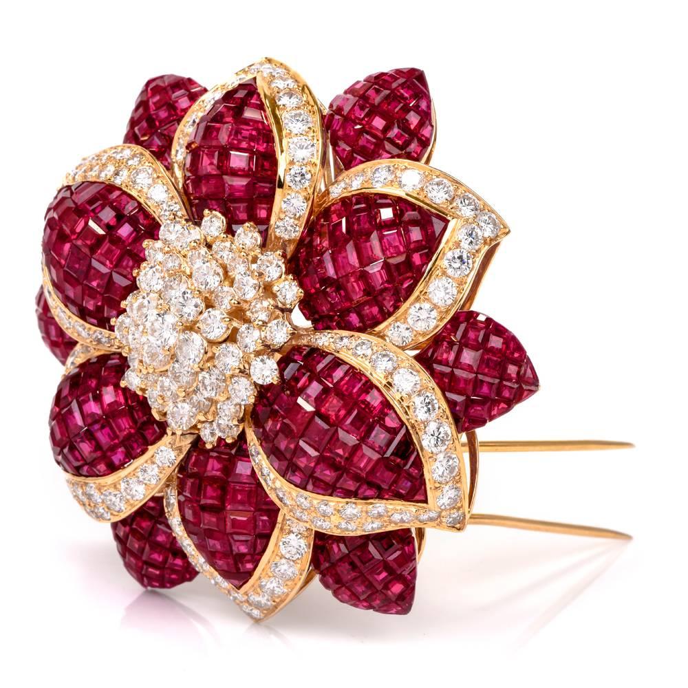 Sabbadini Mystery Set Ruby Diamond Flower Brooch Pin In Excellent Condition In Miami, FL