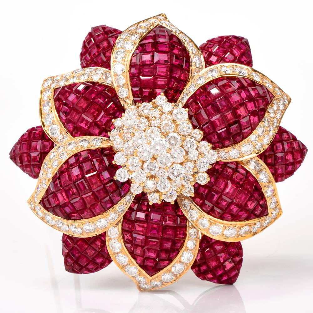 Women's Sabbadini Mystery Set Ruby Diamond Flower Brooch Pin