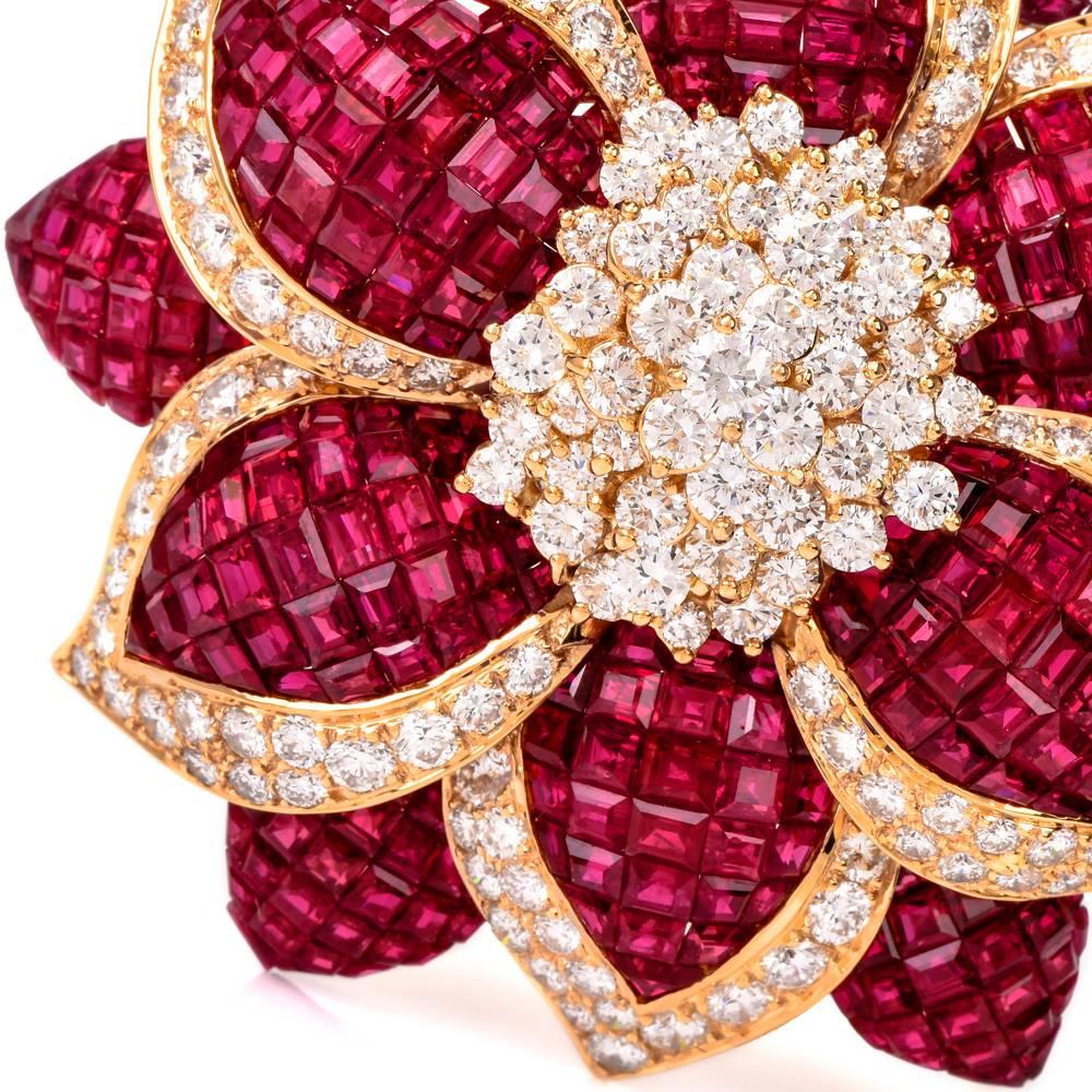 Sabbadini Mystery Set Ruby Diamond Flower Brooch Pin 1