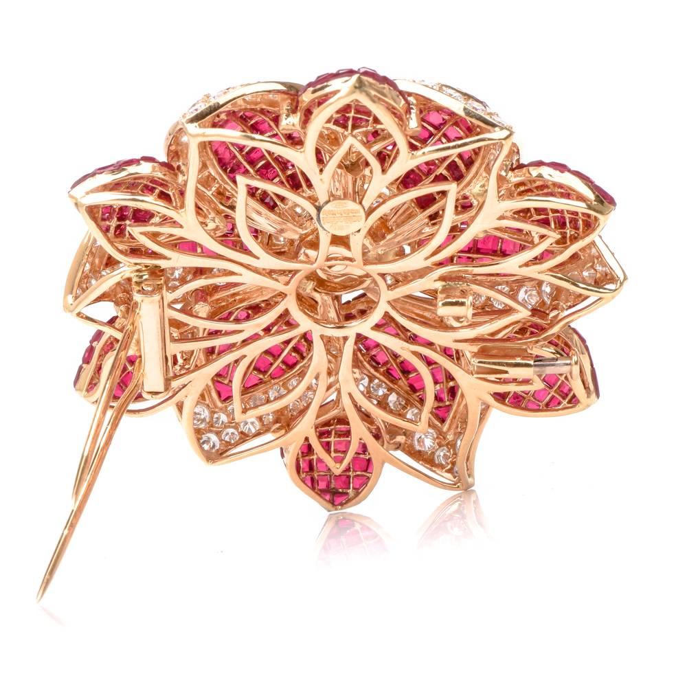 Sabbadini Mystery Set Ruby Diamond Flower Brooch Pin 2