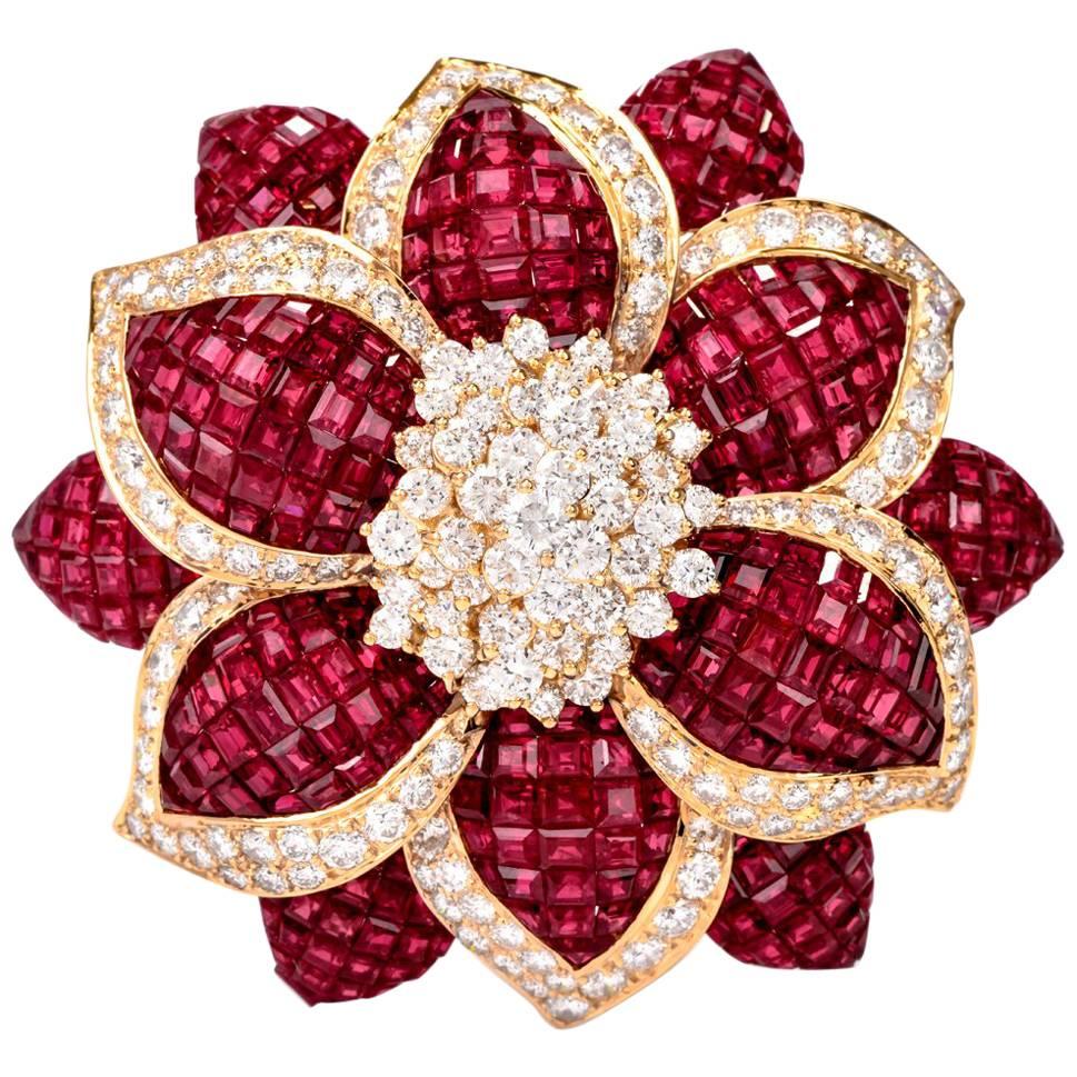 Sabbadini Mystery Set Ruby Diamond Flower Brooch Pin