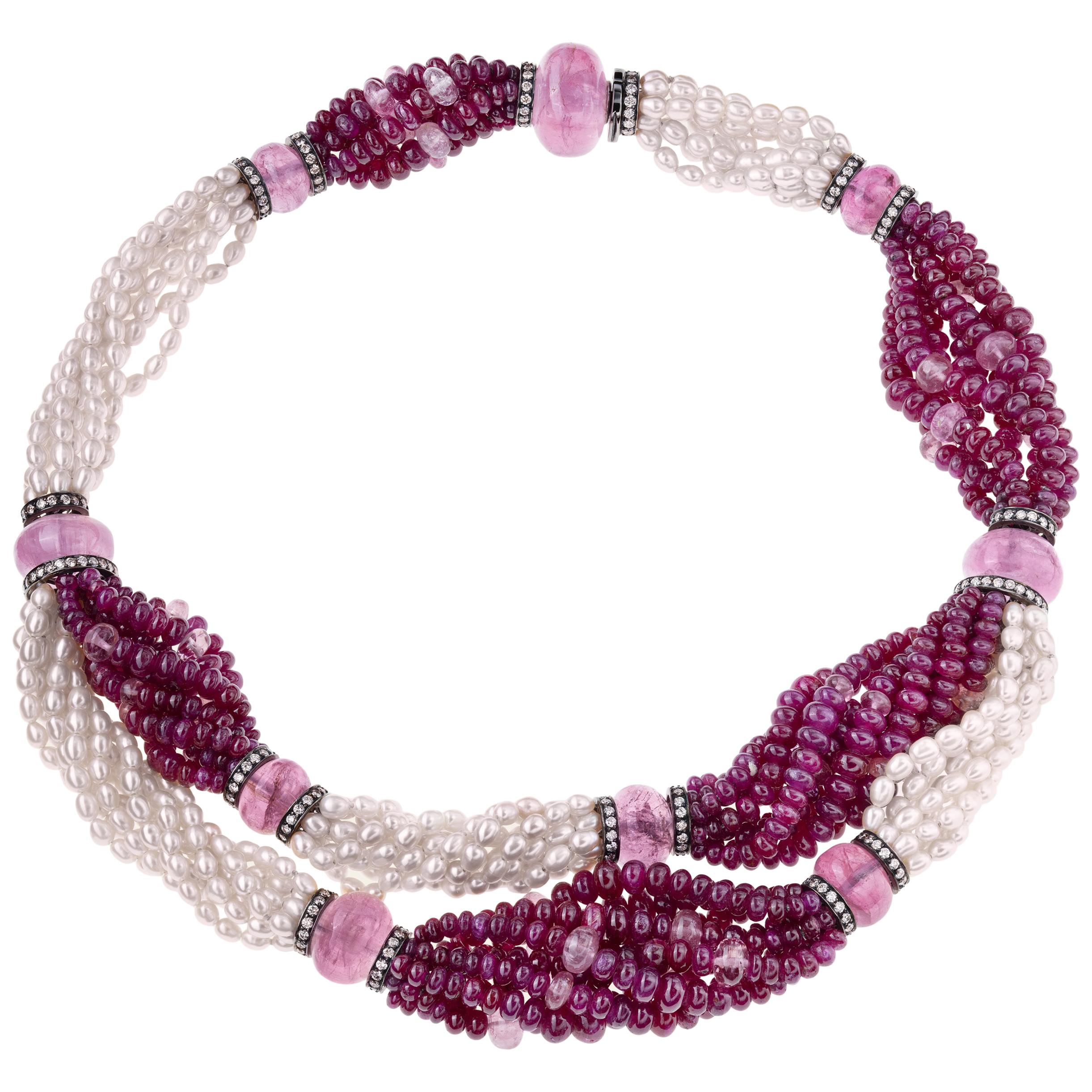 Sabbadini Pearl and Rubies Beaded Chocker Necklace For Sale