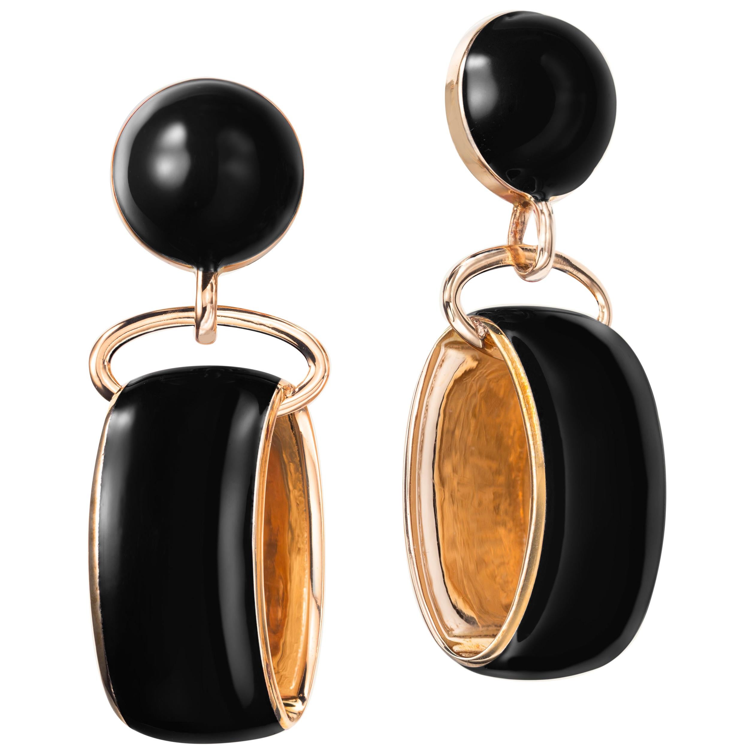 Sabbadini Pendant Earrings in Black Laquer & Pink Gold For Sale