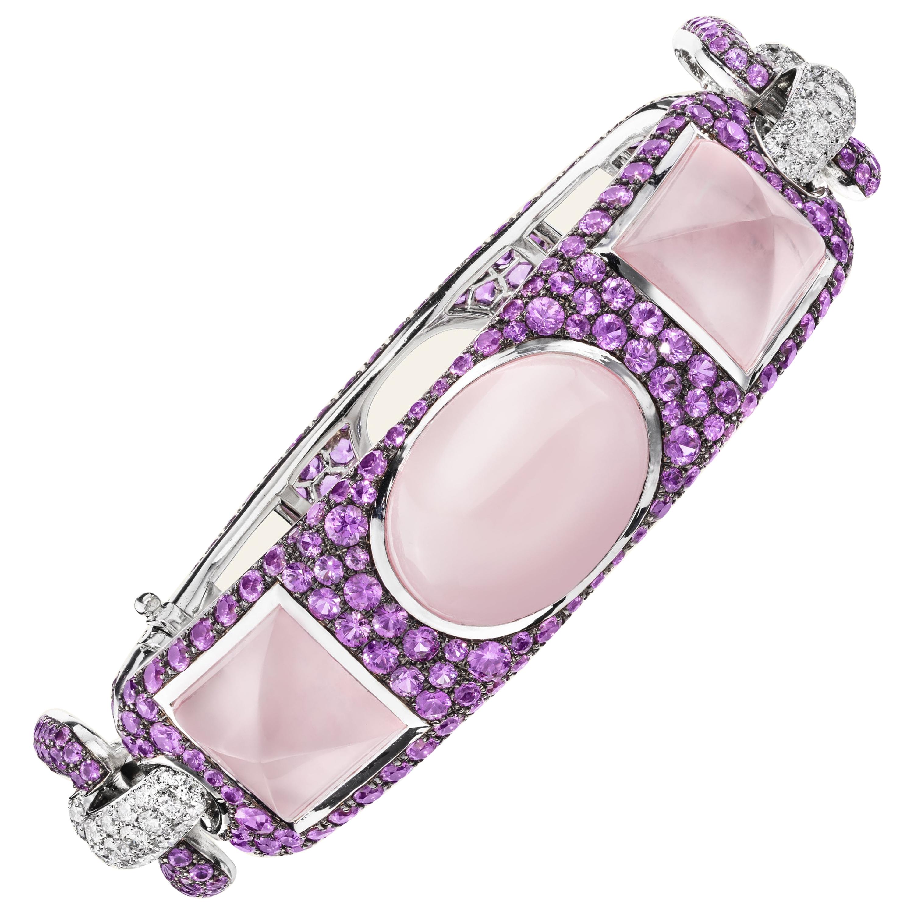 Sabbadini Pink Quartz and Sapphire Cuff Bracelet For Sale