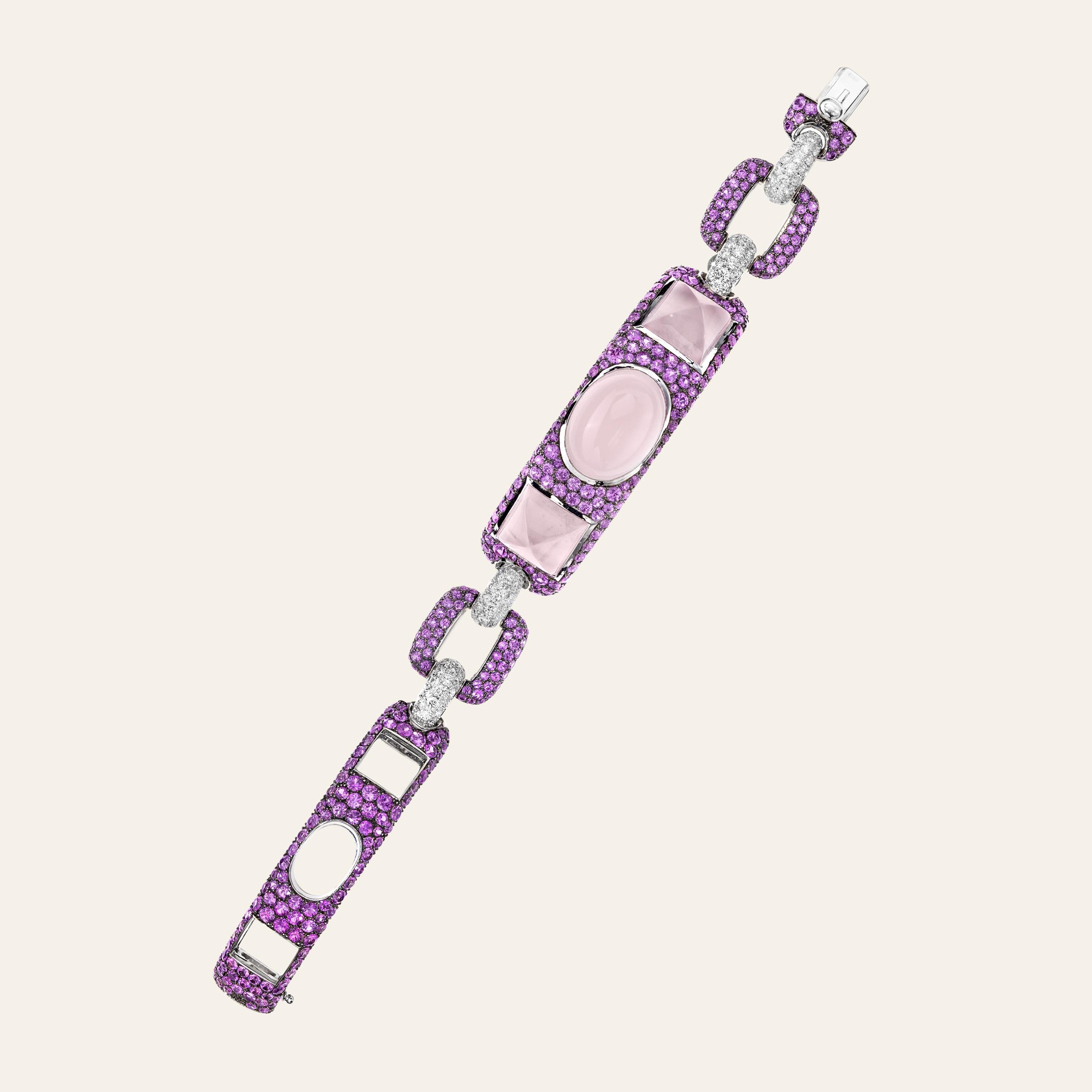 Contemporary Sabbadini Pink Quartz and Sapphire Cuff Bracelet For Sale