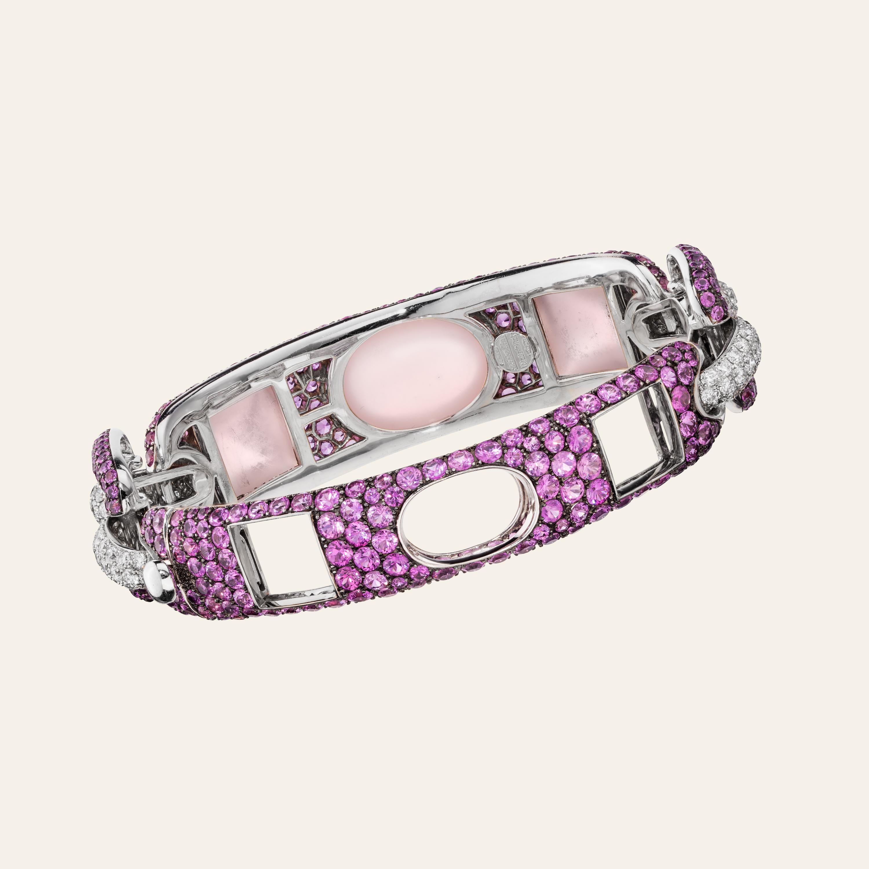 Cabochon Sabbadini Pink Quartz and Sapphire Cuff Bracelet For Sale