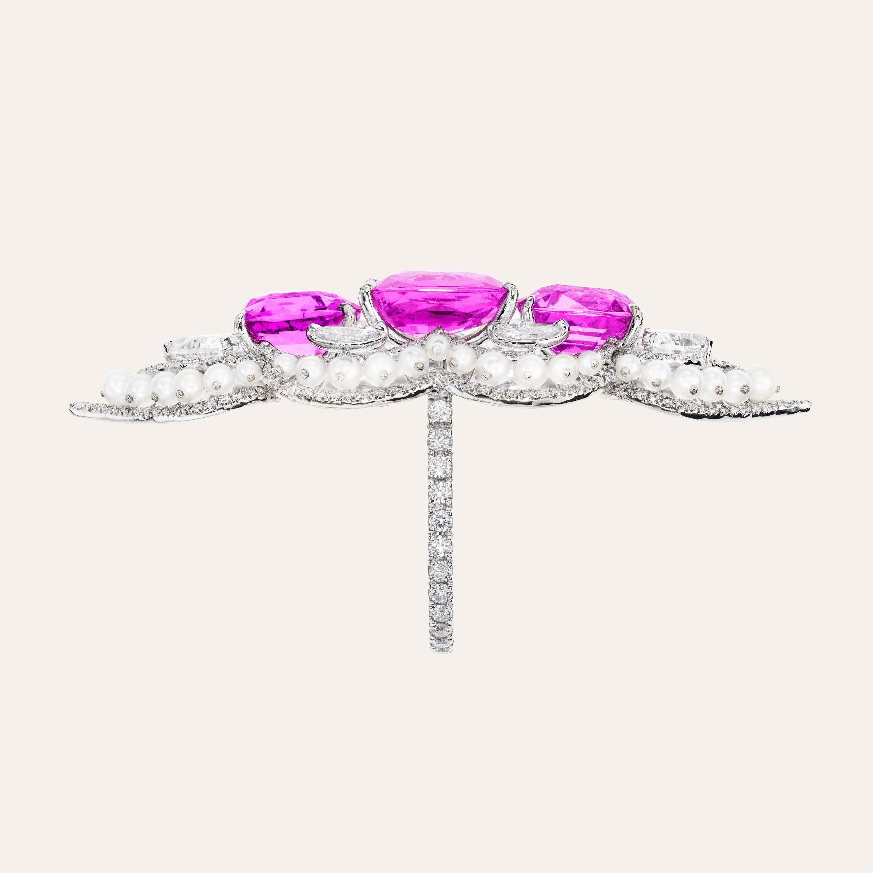 Art Nouveau Sabbadini Pink Sapphire Ring with Pearls and Diamonds For Sale