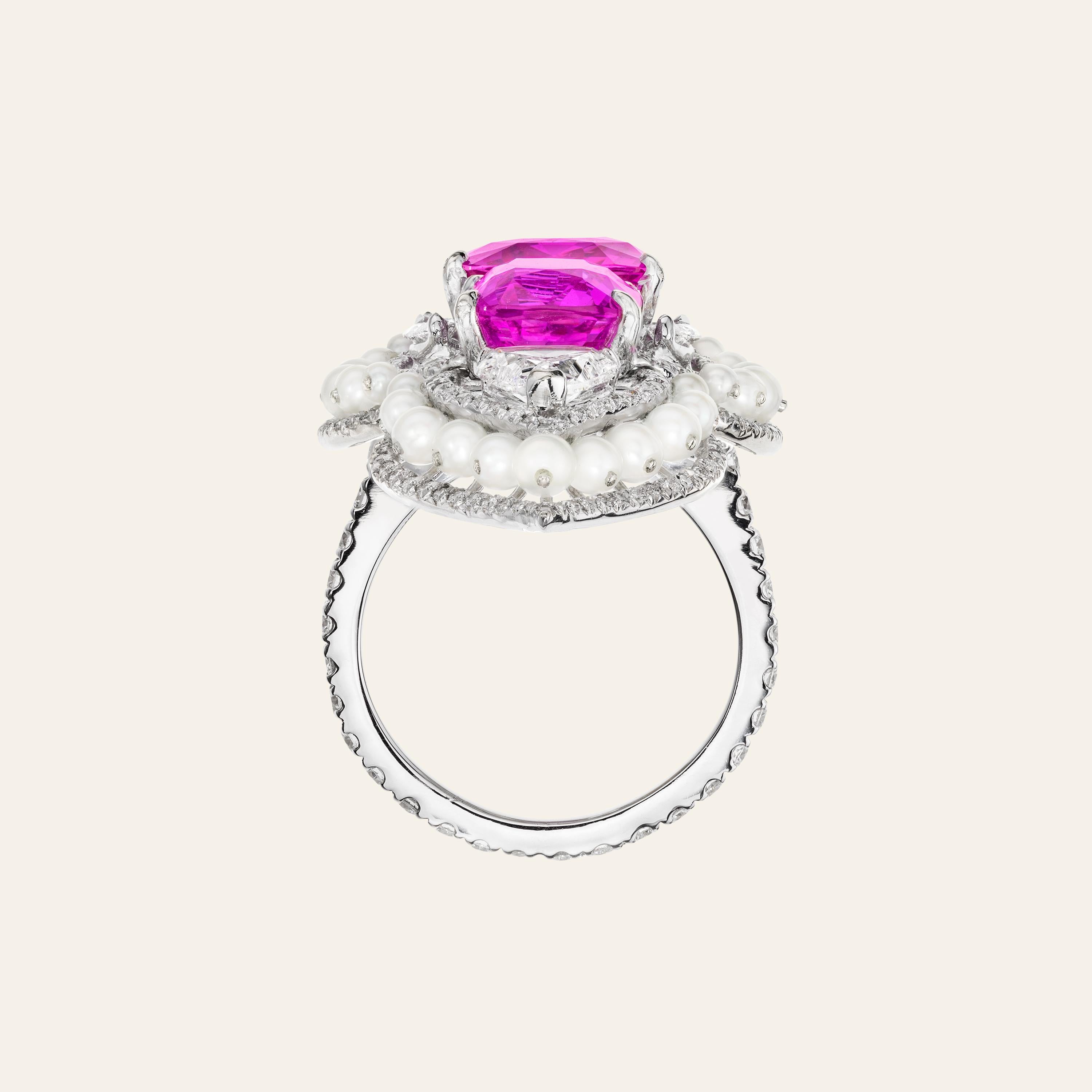 Cushion Cut Sabbadini Pink Sapphire Ring with Pearls and Diamonds For Sale