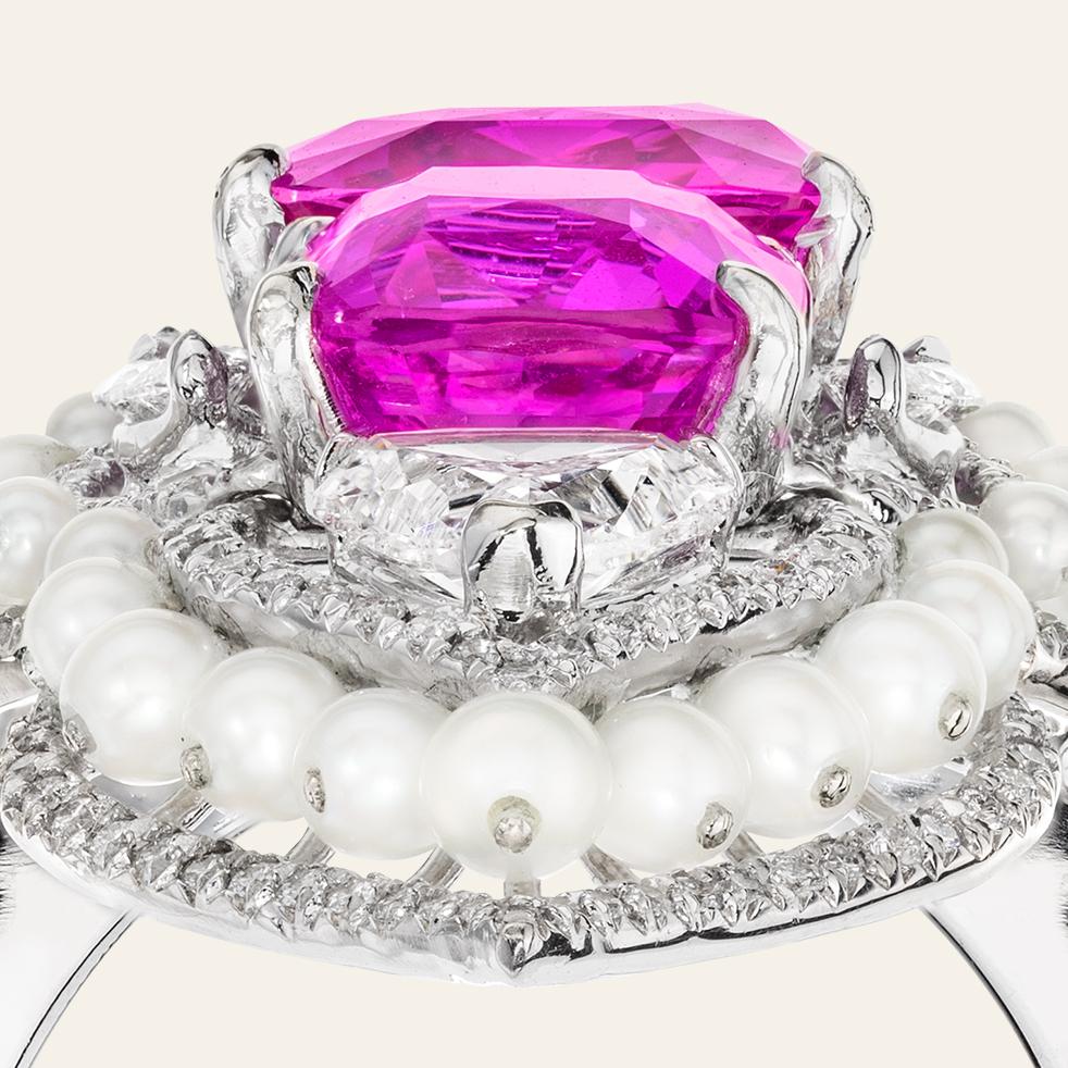 Sabbadini Pink Sapphire Ring with Pearls and Diamonds For Sale 2