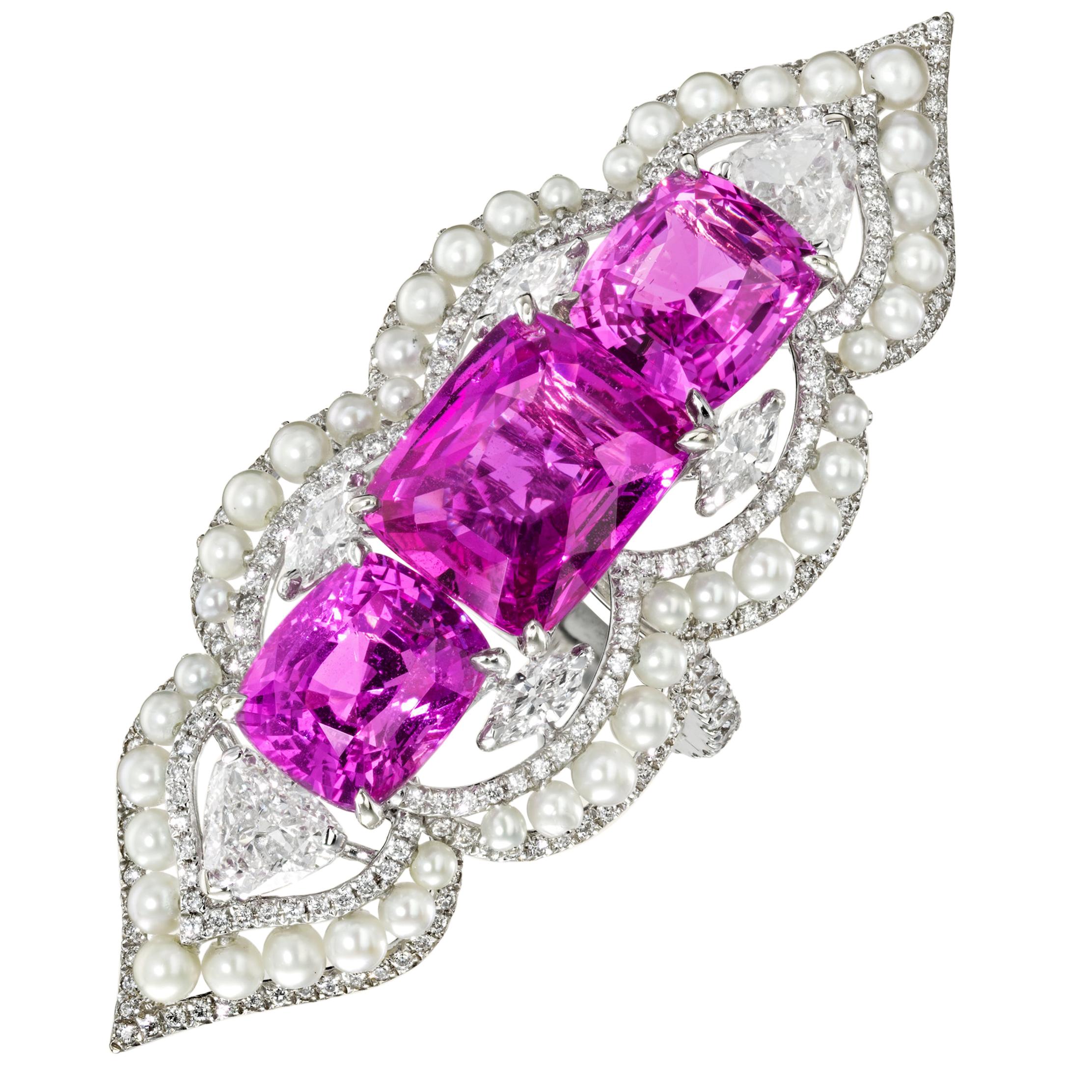 Sabbadini Pink Sapphire Ring with Pearls and Diamonds For Sale