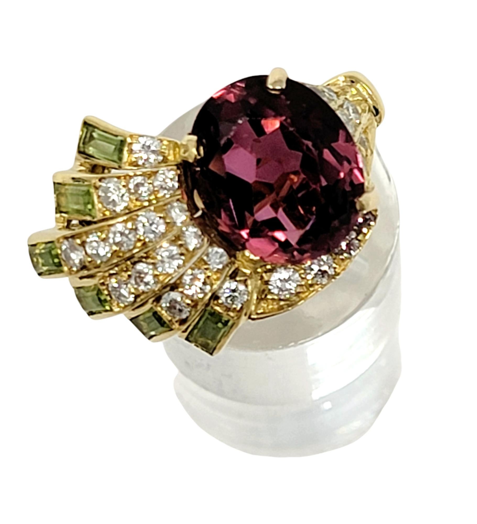 Sabbadini Pink Tourmaline, Diamond and Peridot Spray Ring 18 Karat Yellow Gold For Sale 3