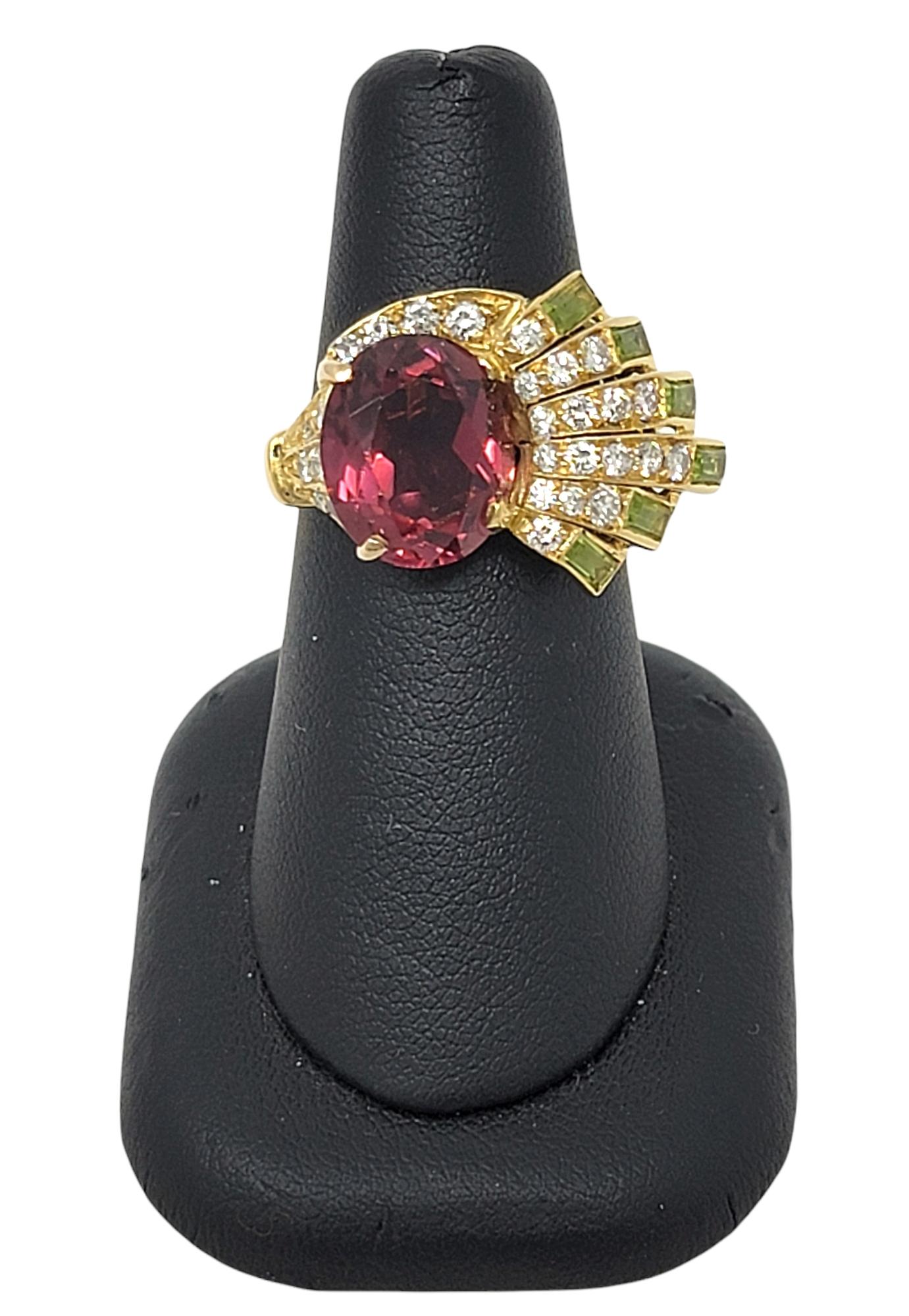 Sabbadini Pink Tourmaline, Diamond and Peridot Spray Ring 18 Karat Yellow Gold For Sale 4