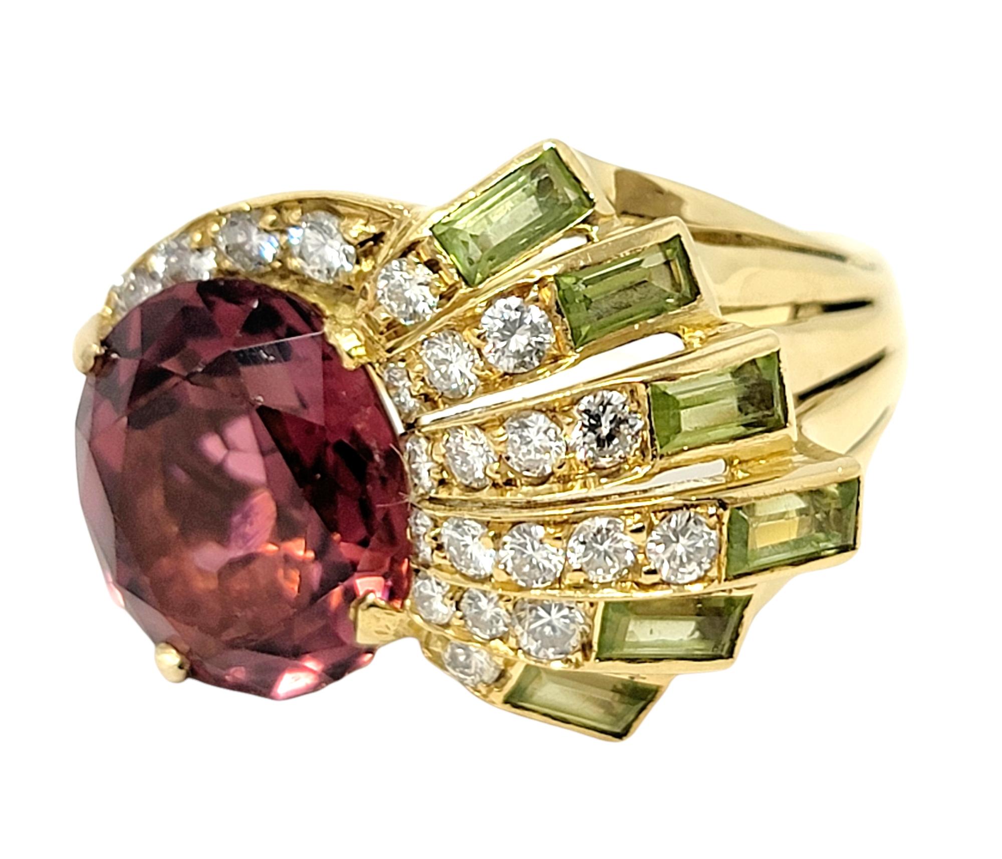 Contemporary Sabbadini Pink Tourmaline, Diamond and Peridot Spray Ring 18 Karat Yellow Gold For Sale