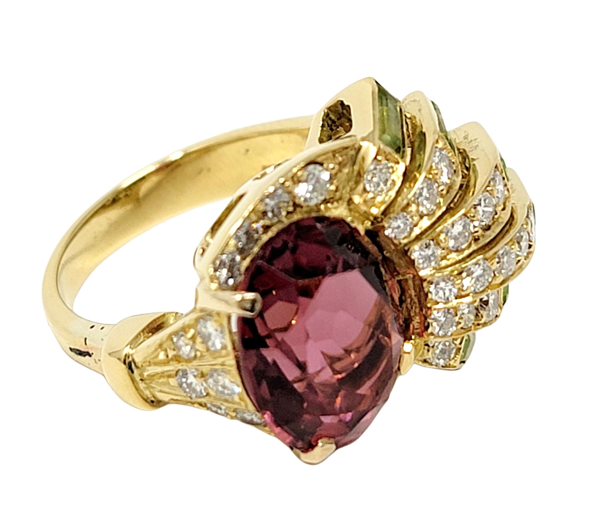 Oval Cut Sabbadini Pink Tourmaline, Diamond and Peridot Spray Ring 18 Karat Yellow Gold For Sale
