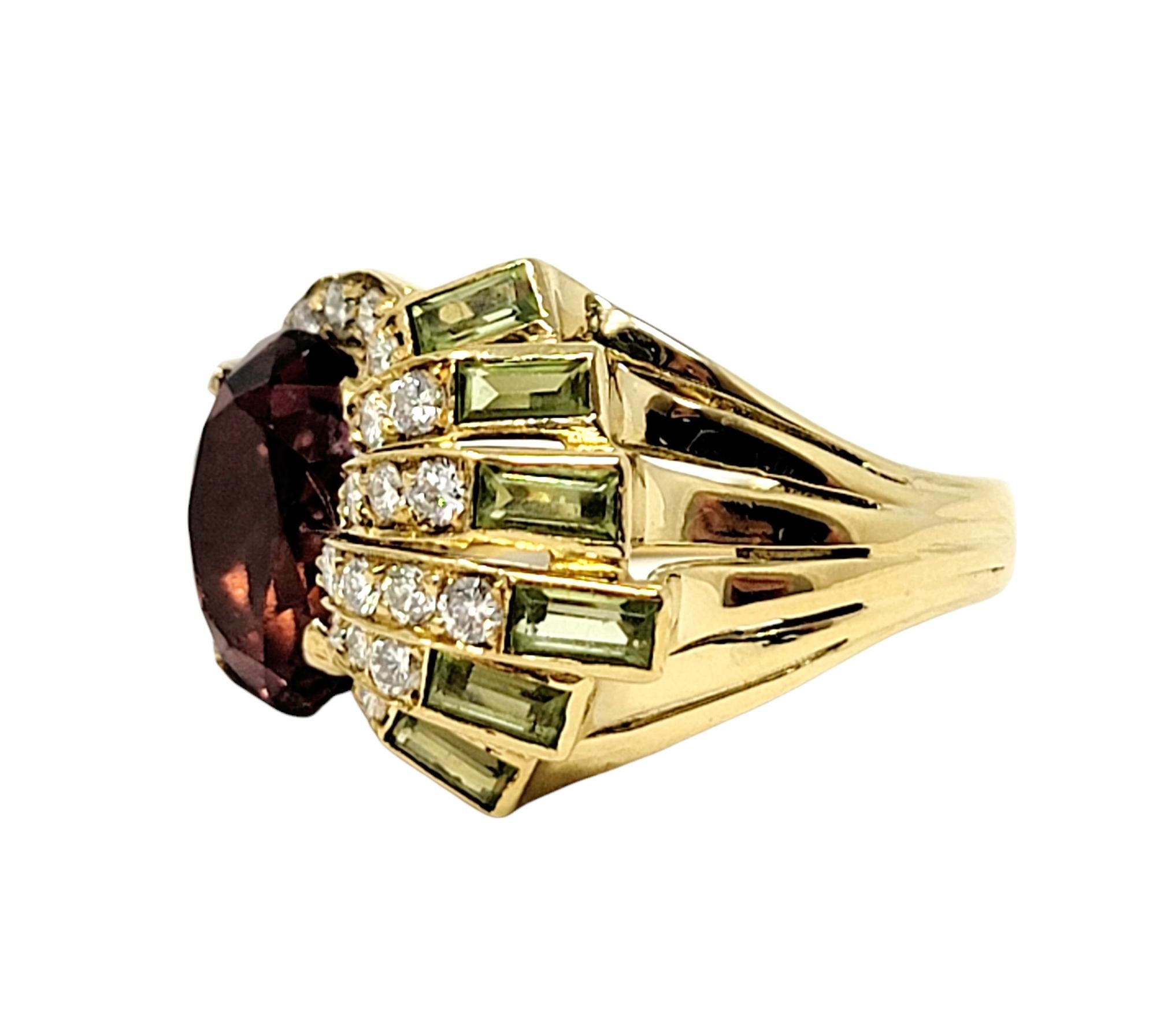 Women's Sabbadini Pink Tourmaline, Diamond and Peridot Spray Ring 18 Karat Yellow Gold For Sale