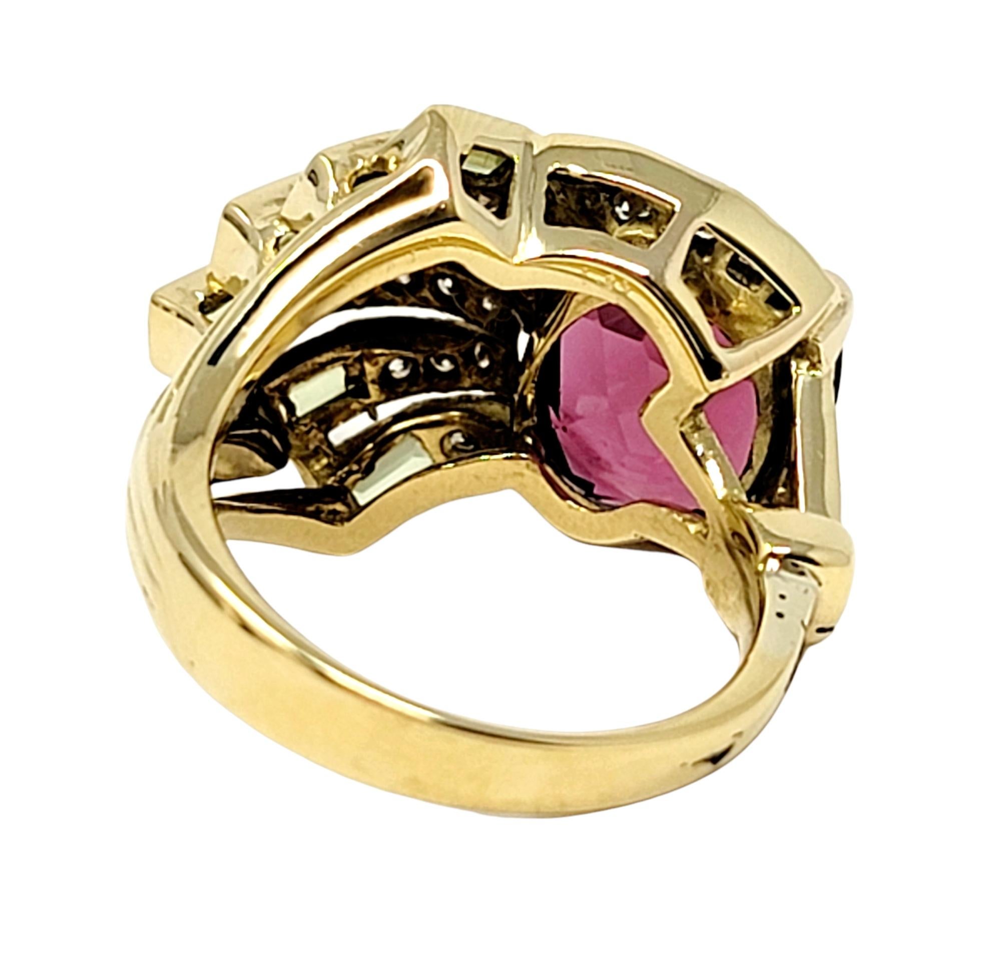 Sabbadini Pink Tourmaline, Diamond and Peridot Spray Ring 18 Karat Yellow Gold For Sale 1