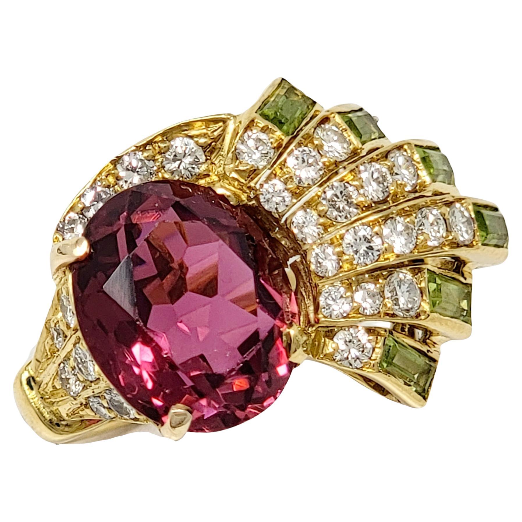 Sabbadini Pink Tourmaline, Diamond and Peridot Spray Ring 18 Karat Yellow Gold For Sale