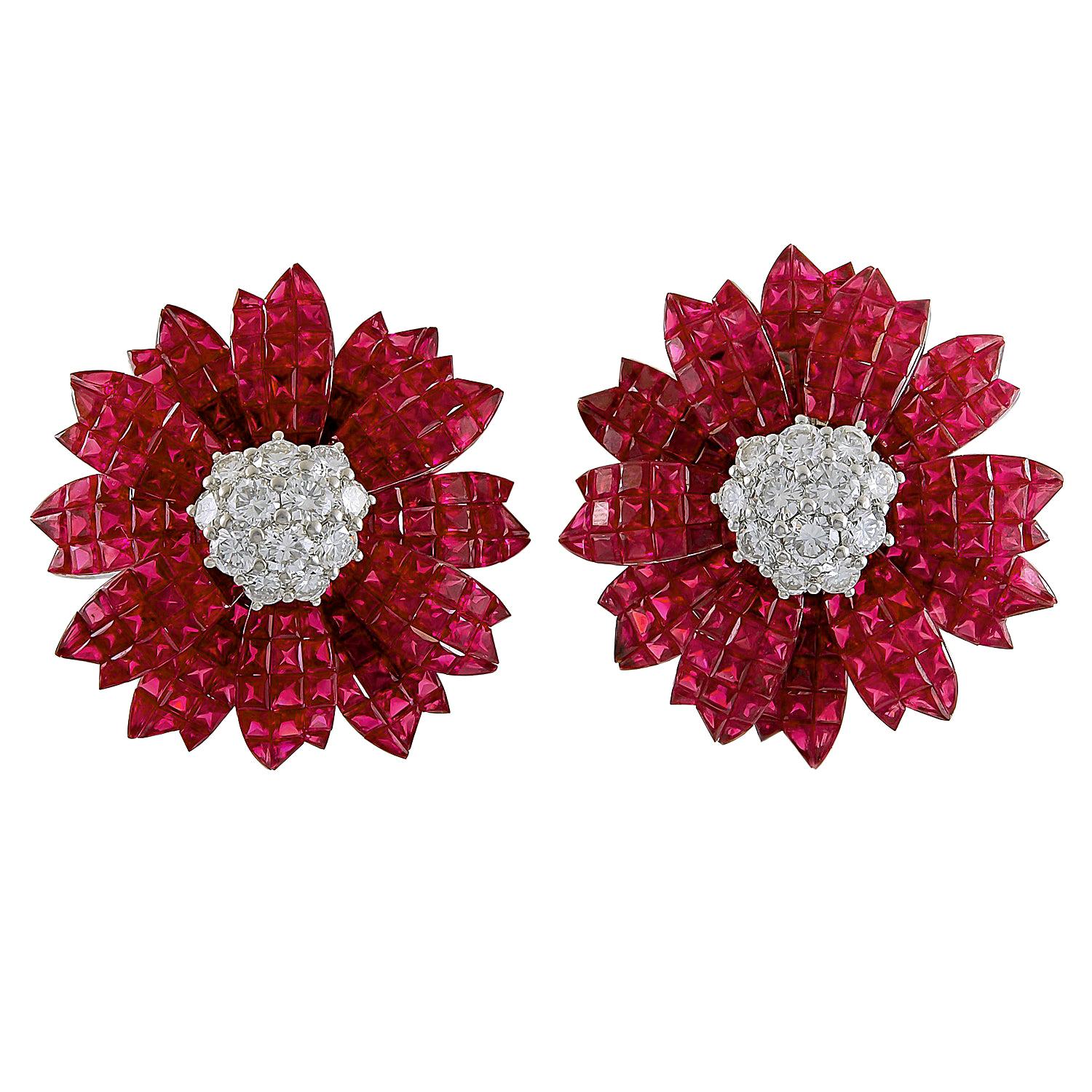 Sabbadini Ruby Diamond Invisible Set Flower Earrings For Sale