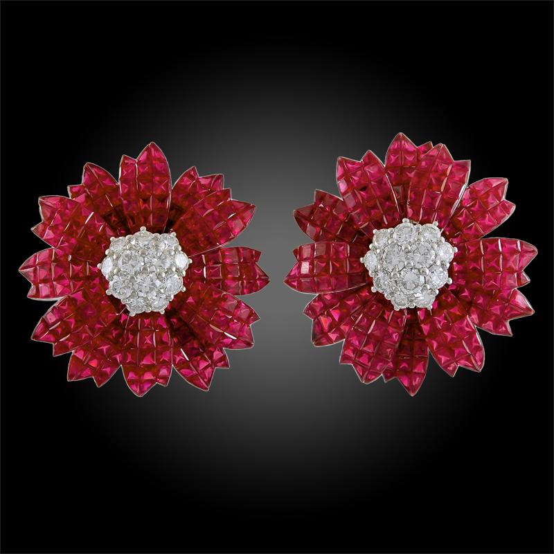 Sabbadini Ruby Diamond Invisible Set Flower Earrings In Good Condition For Sale In New York, NY