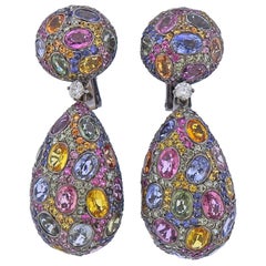 Sabbadini Tsavorite Multi-Color Sapphire Diamond Gold Drop Earrings
