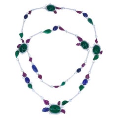Sabbadini Tutti-Frutti Necklace 18k White Gold Carved Gemstones